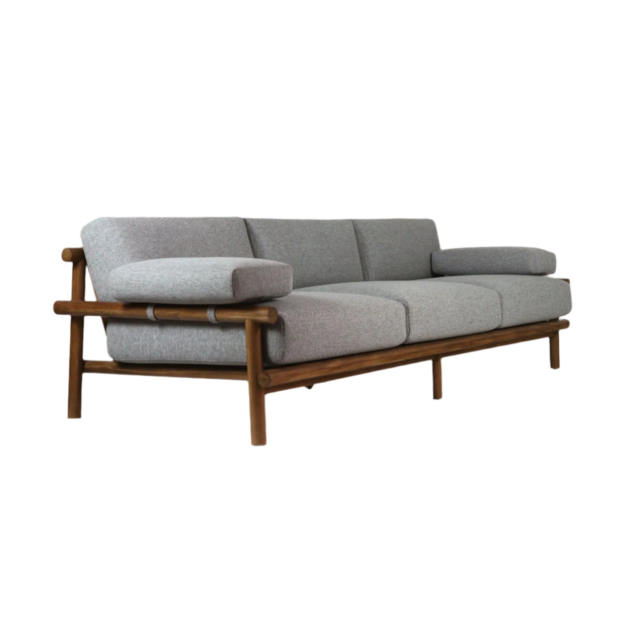 Three-seat outdoor sofa with a solid teak frame and rounded rail details, upholstered in light gray Sunbrella fabric with thick seat and back cushions and low cylindrical arm pillows in a coastal-modern style.
