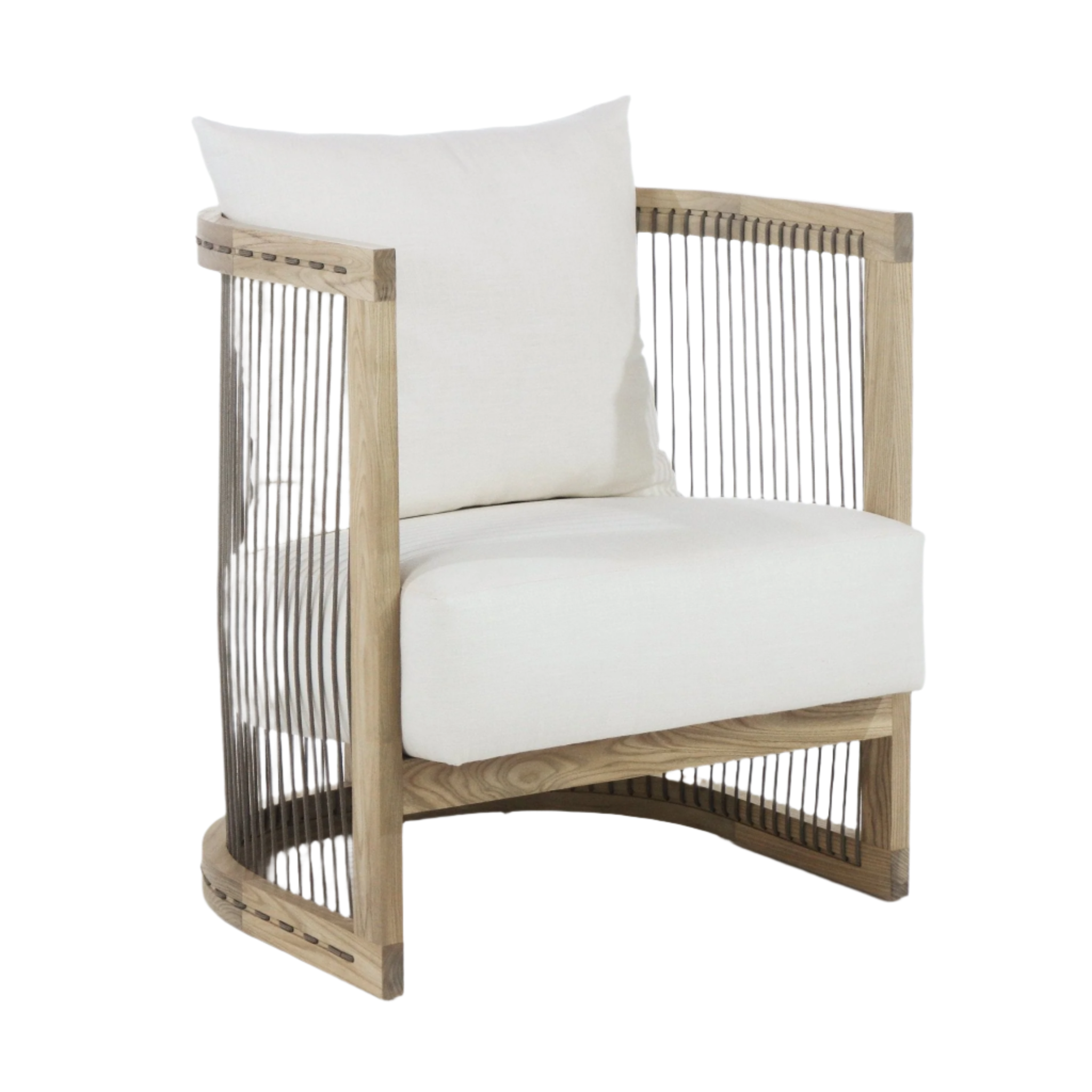 White-upholstered dining armchair with a natural oak frame, vertical rope cord sides, curved wooden base and thick cushioned seat and back.