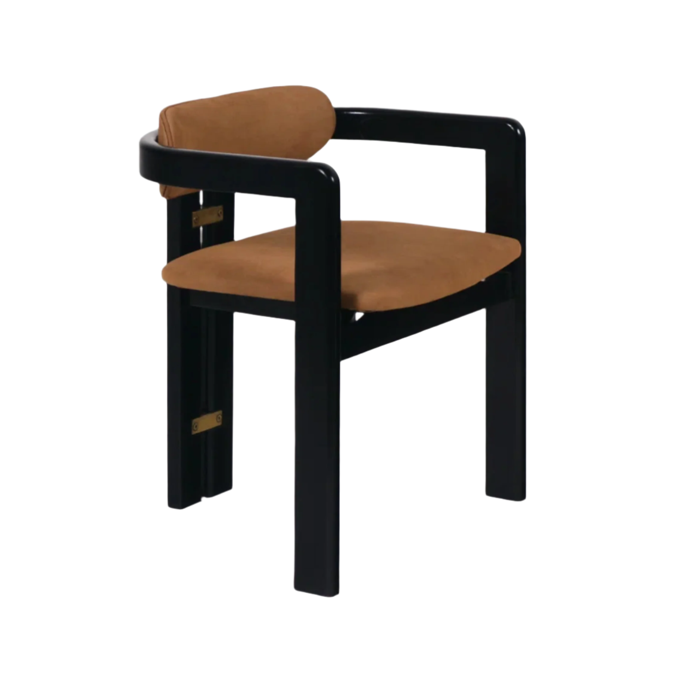 Dining chair with a black mahogany frame, tan nubuck synthetic upholstered seat and rounded back cushion, curved open armrests and visible brass bracket accents for a mid-century modern look.