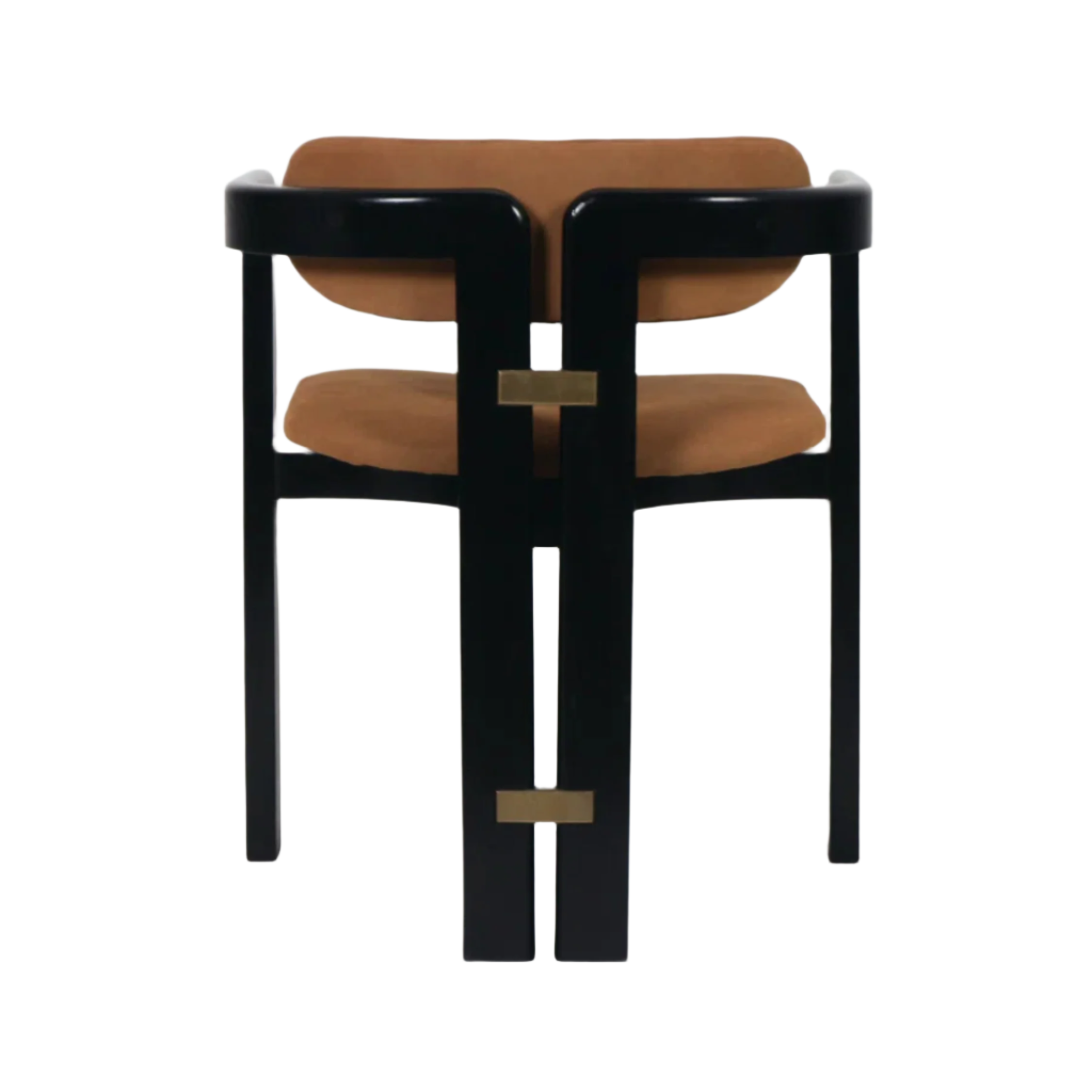 Front view of a dining chair with a glossy black mahogany frame and curved arms, tan nubuck synthetic seat and rounded backrest, accented by brass rectangular hardware at the center.