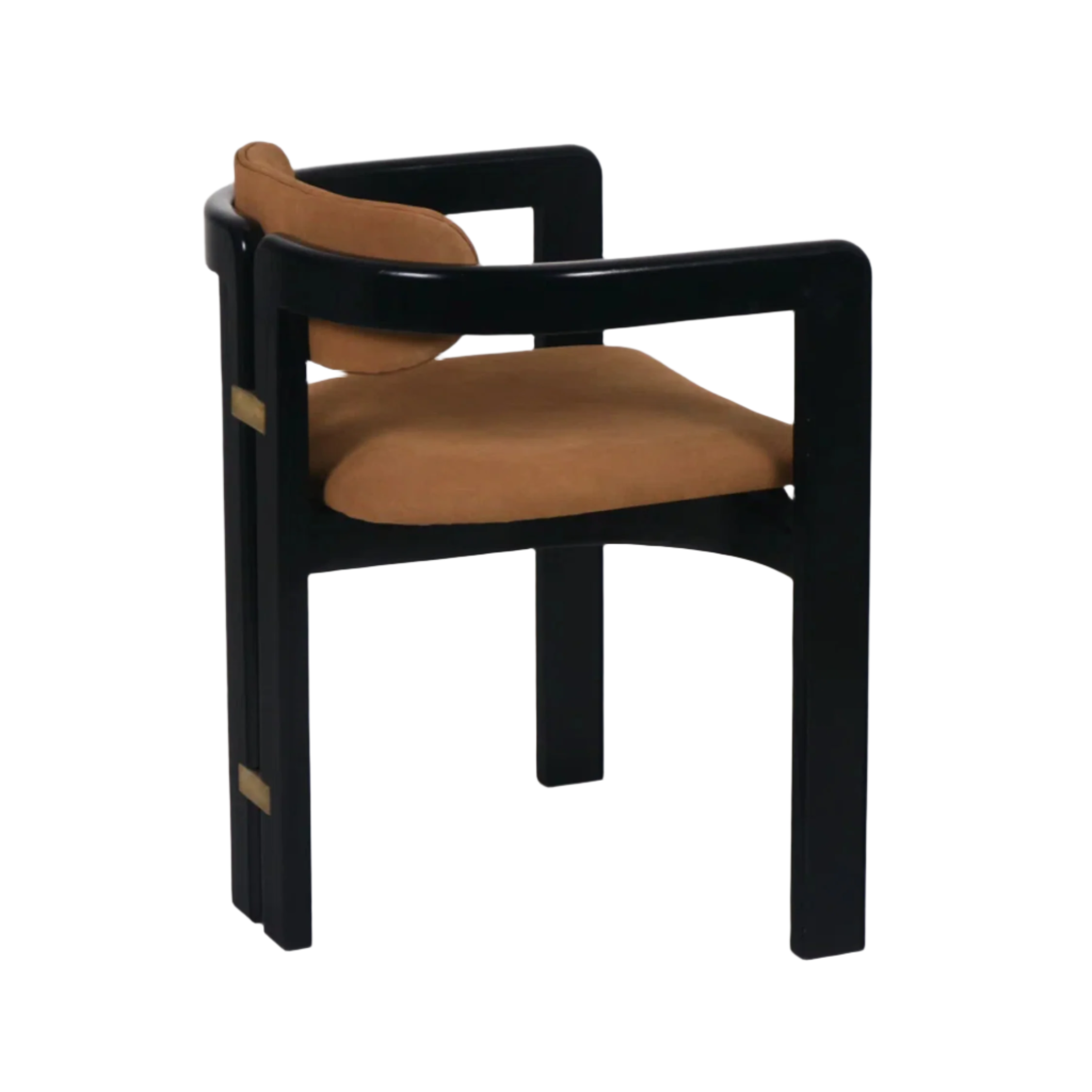 Black mahogany-framed dining chair with a curved open arm, low rounded tan nubuck synthetic leather seat and back cushion, and small brass bracket accents on the rear legs.