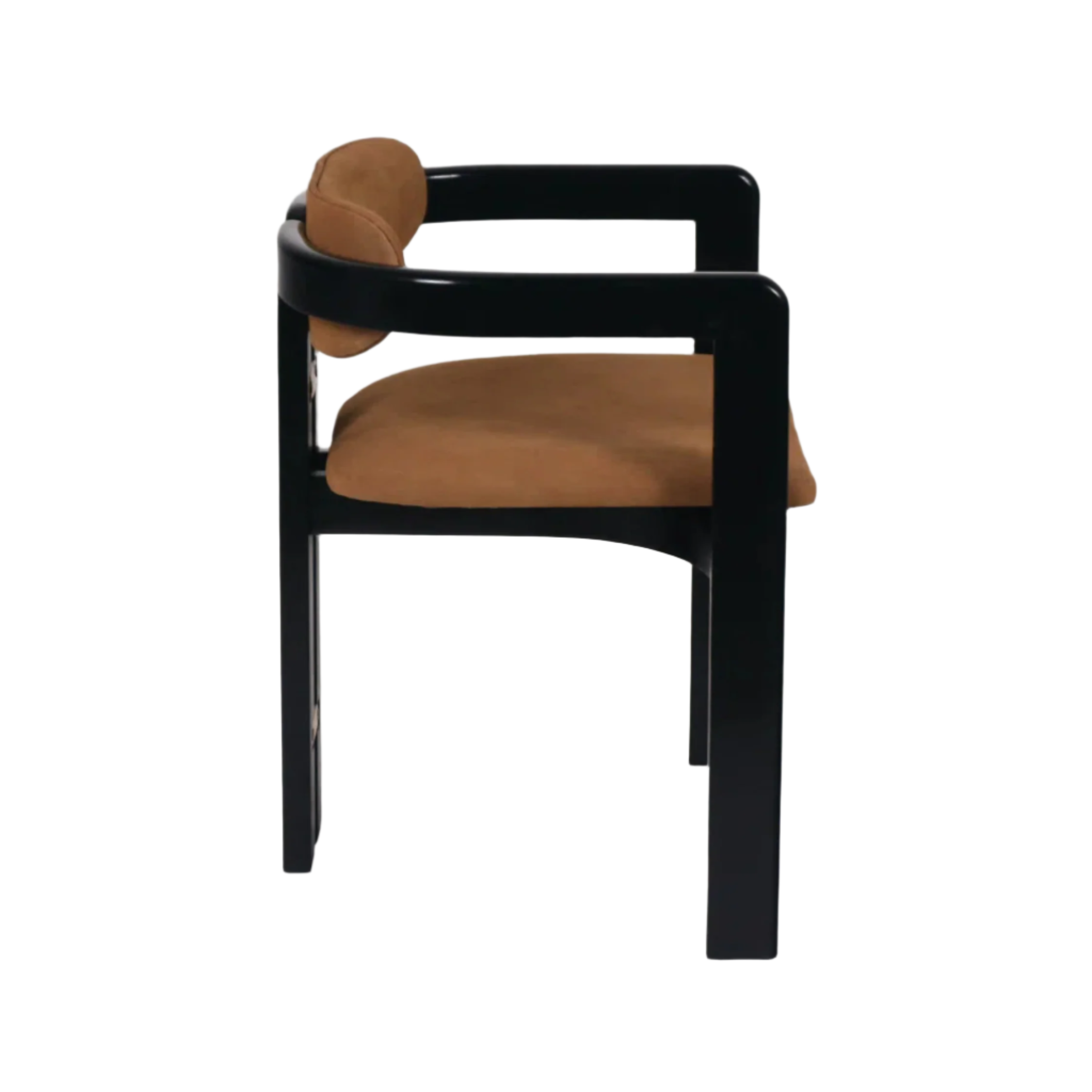 Side view of a mid-century modern dining chair with a glossy black wood frame, curved armrests and a tan nubuck synthetic upholstered seat with a rounded back cushion.