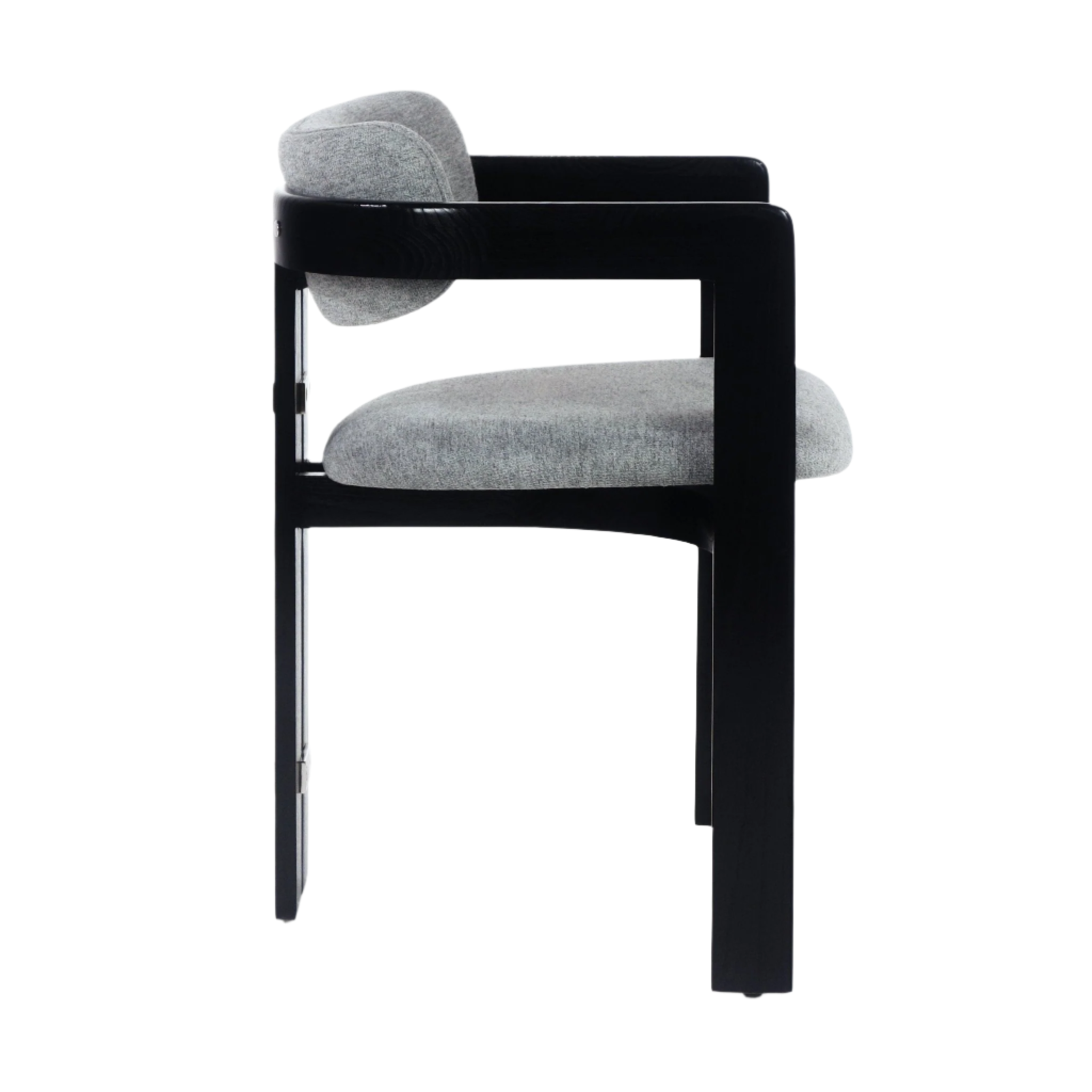 Side profile of a modern dining chair with a glossy black wood frame, low armrests and squared legs, featuring a grey boucle upholstered seat and rounded back.