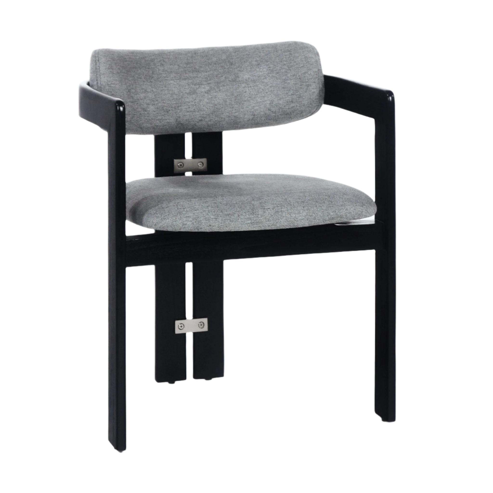 Modern dining chair with grey bouclé upholstered seat and curved back, supported by a black wood frame with open armrests and visible stainless metal brackets.