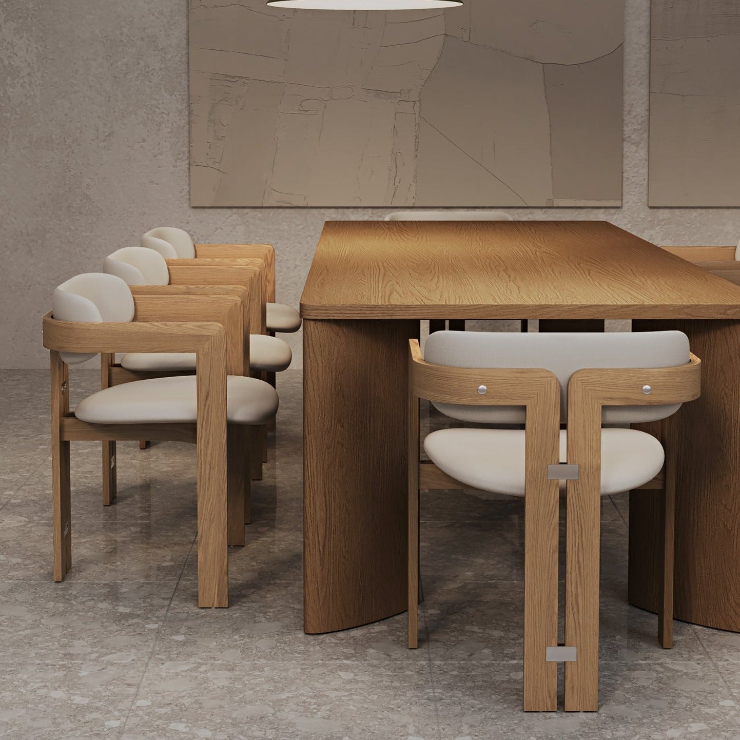 Mid-century modern teak dining table flanked by teak-framed dining chairs upholstered in off-white boucle with metal accent hardware, arranged in a neutral dining room on a stone tile floor.