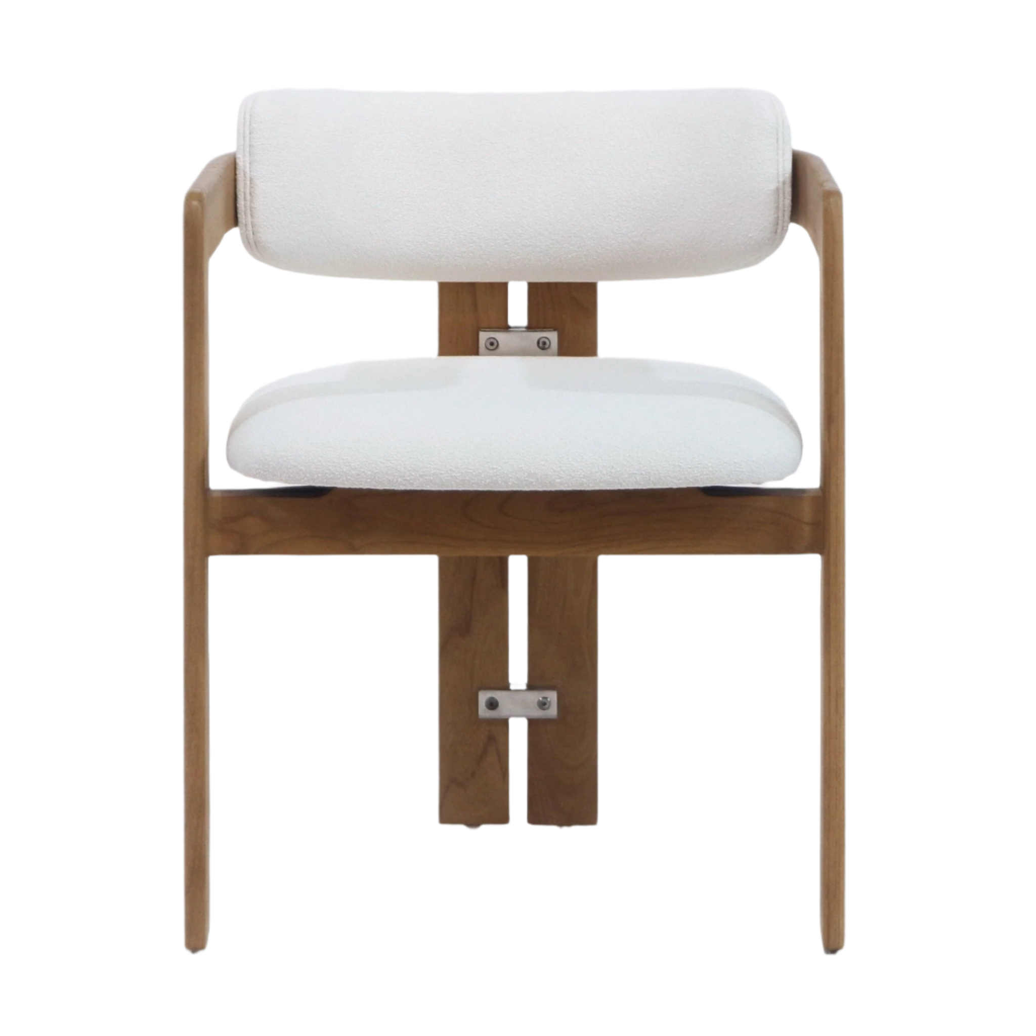 Front view of a Mid Century Modern dining chair with white boucle upholstered seat and rounded backrest on a natural teak wood frame with visible metal brackets.