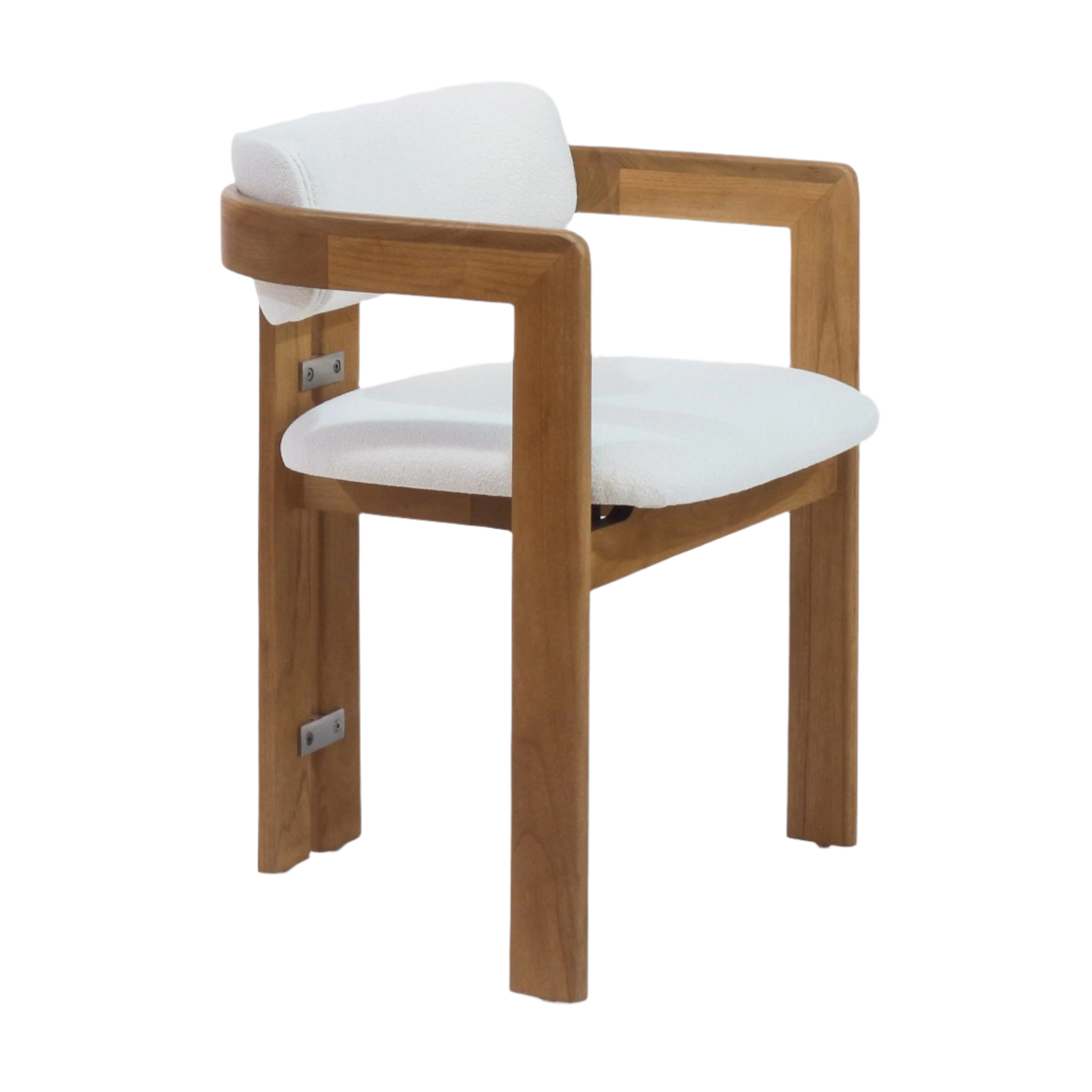 Mid-century modern dining chair with a curved teak wood frame and white boucle upholstered seat and low back, open wooden armrests and visible metal bracket accents on the legs.
