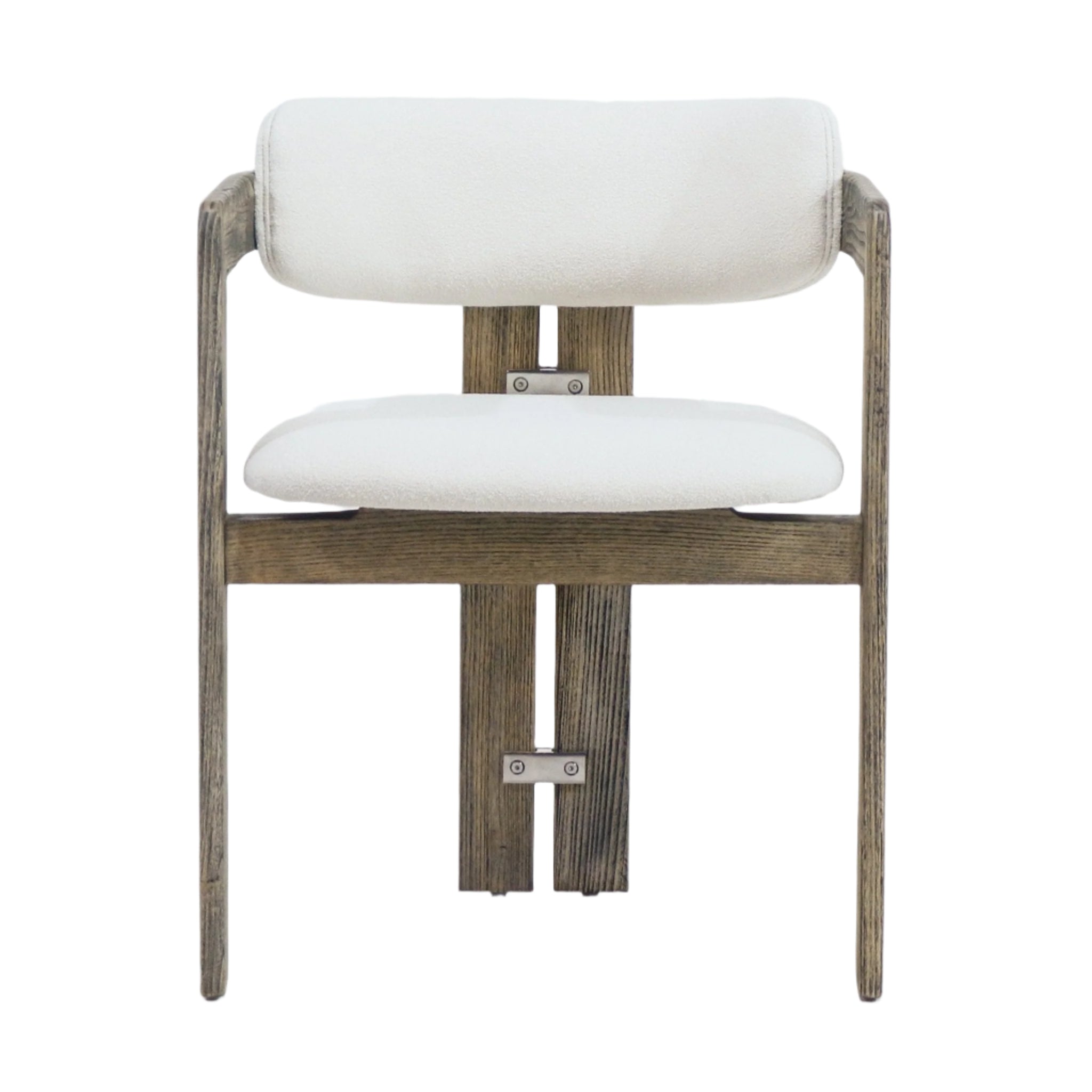 Front-facing rustic dining chair with a brown natural wood frame, curved arms and cushioned off-white boucle seat and backrest, showing metal bracket details on the center support.