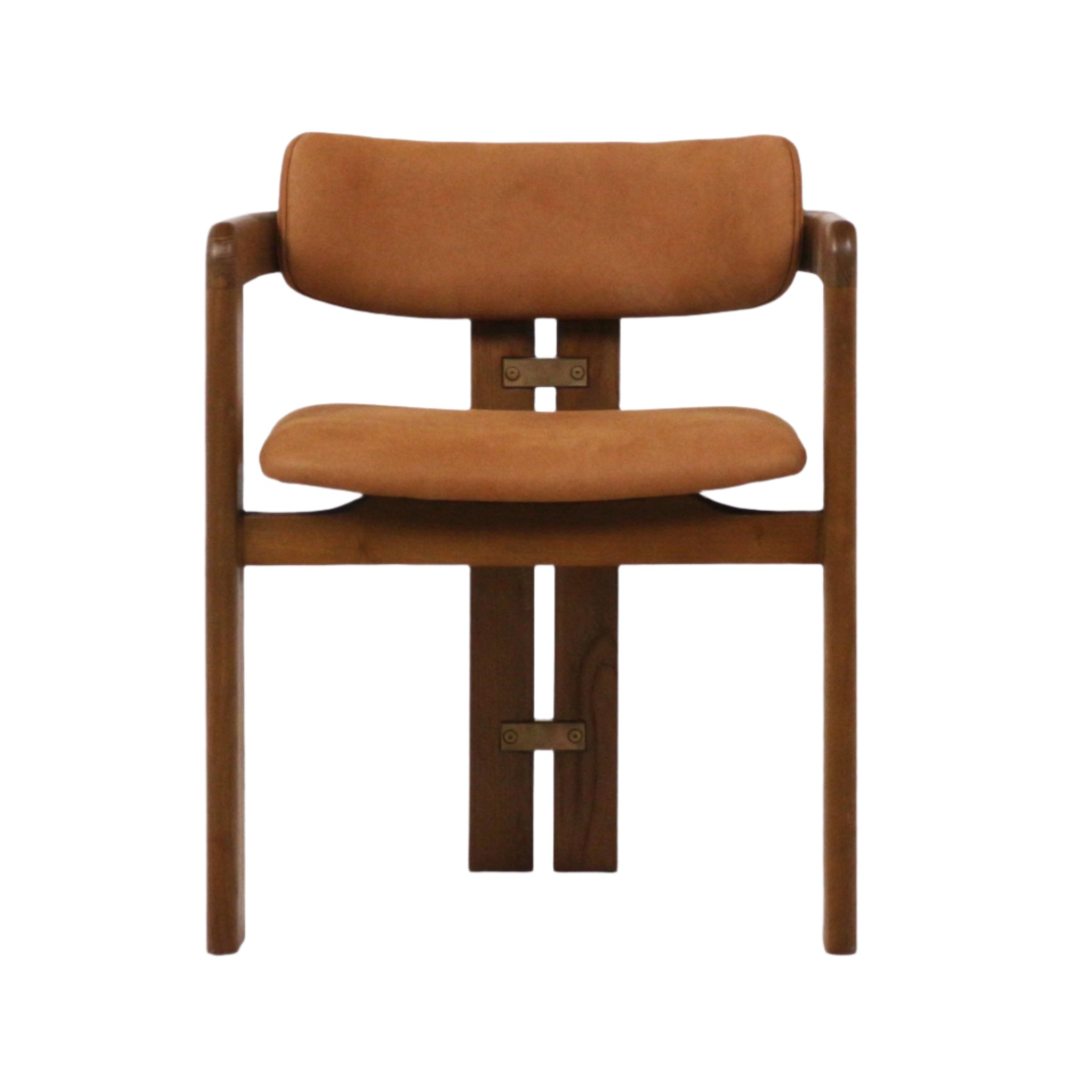 Front-facing mid-century modern dining chair with a natural teak frame and tan nubuck leather seat and curved back, integrated wooden armrests and visible brass connector plates on the central support.
