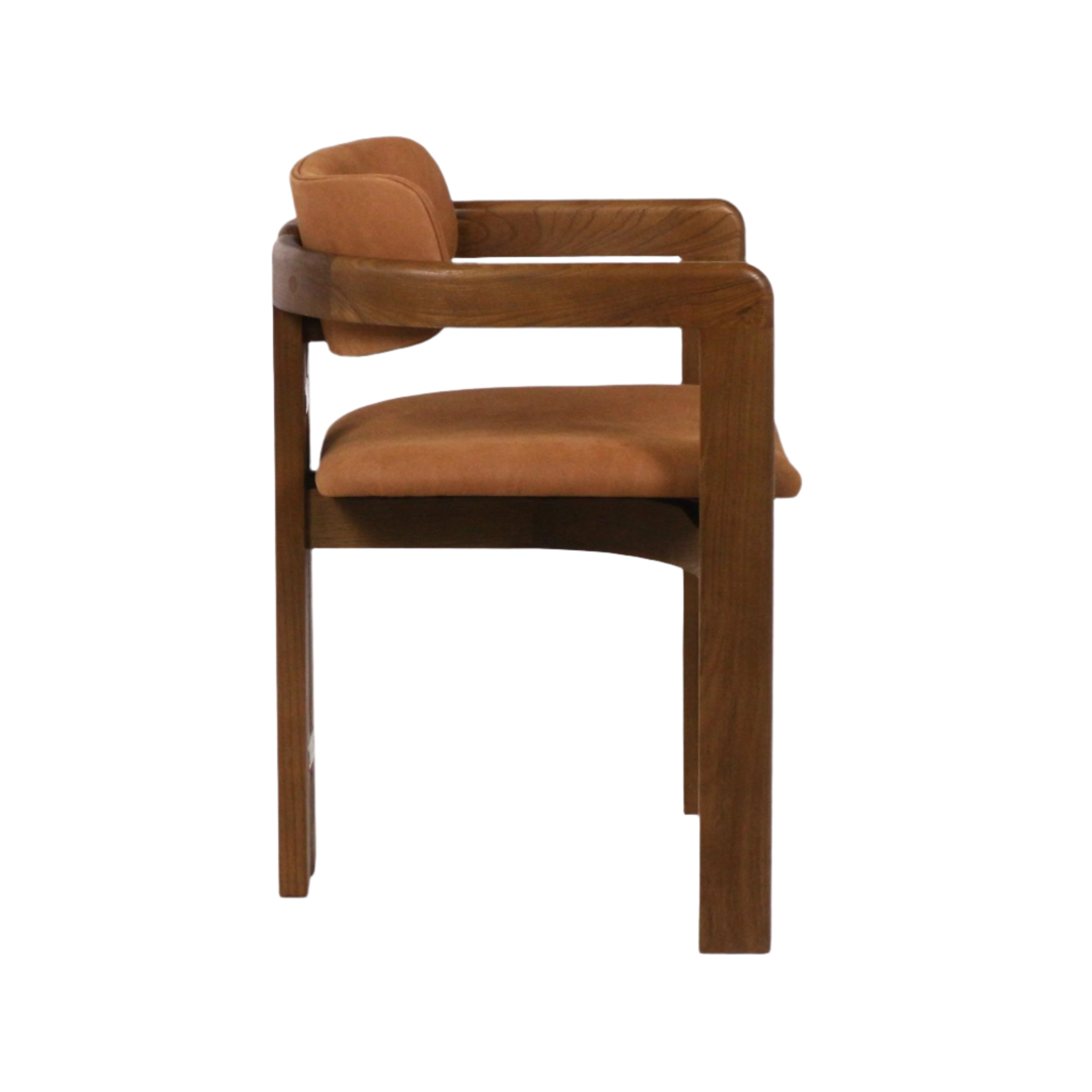 Side profile of a mid-century modern dining chair featuring a solid teak frame and tan nubuck leather upholstered seat with a low rounded backrest and integrated curved armrests.