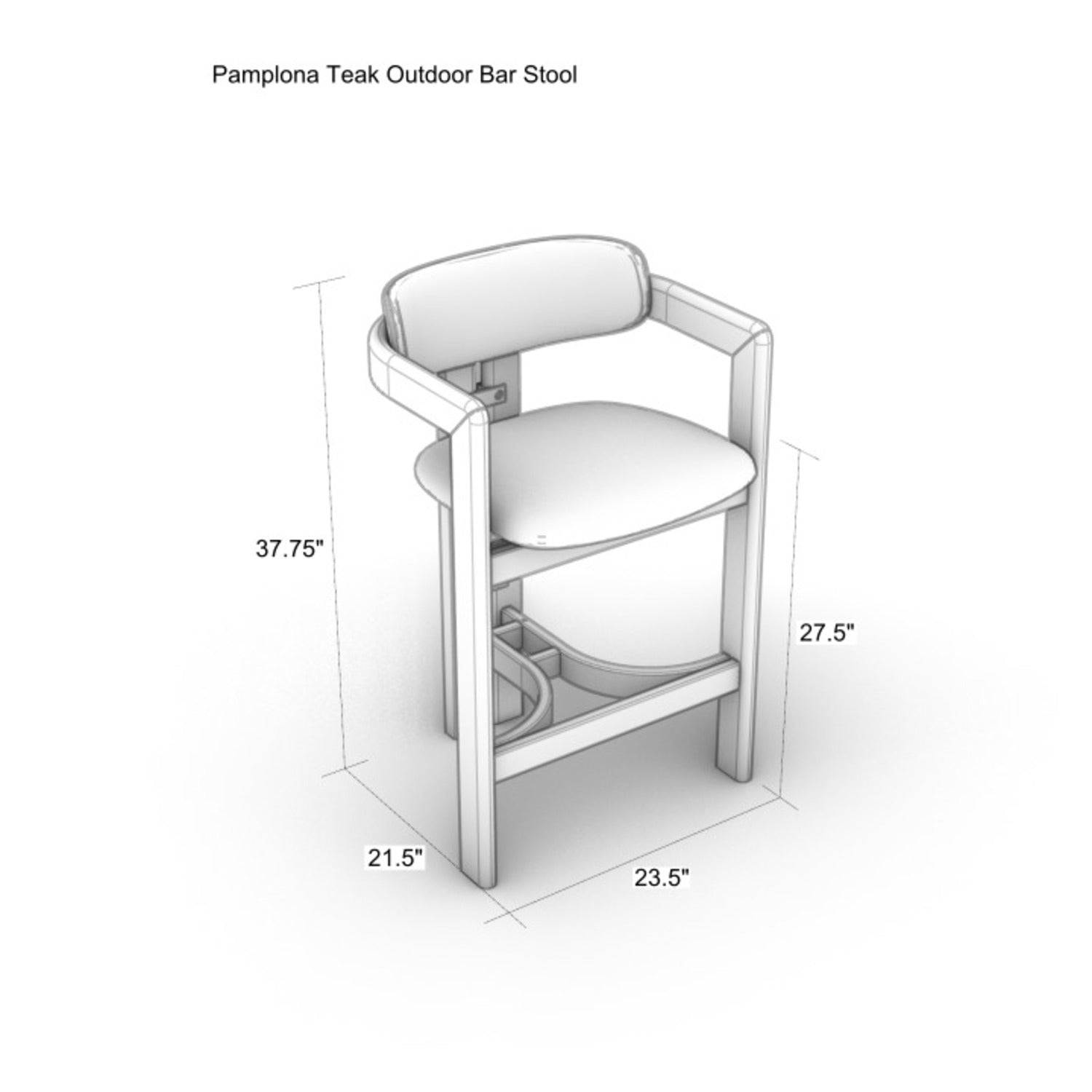 Isometric line drawing of a teak outdoor bar stool with upholstered fabric seat, rounded backrest and armrests, plus a lower footrest; annotated with dimensions 37.75\", 27.5\", 21.5\" and 23.5\".