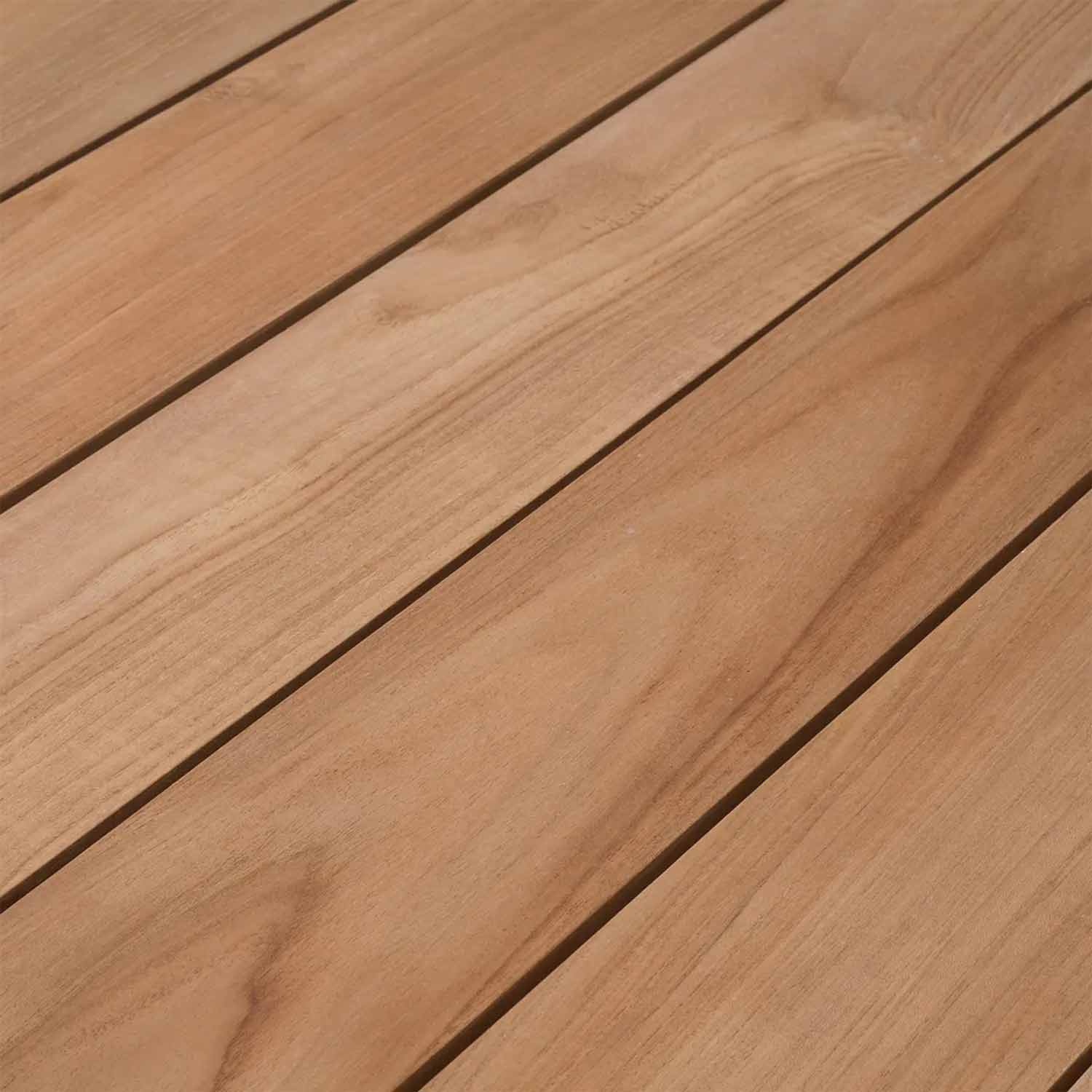 Close-up of natural teak wood slats in warm honey tones, showing wood grain and narrow gaps between planks to highlight the outdoor dining chair's finished seat surface.