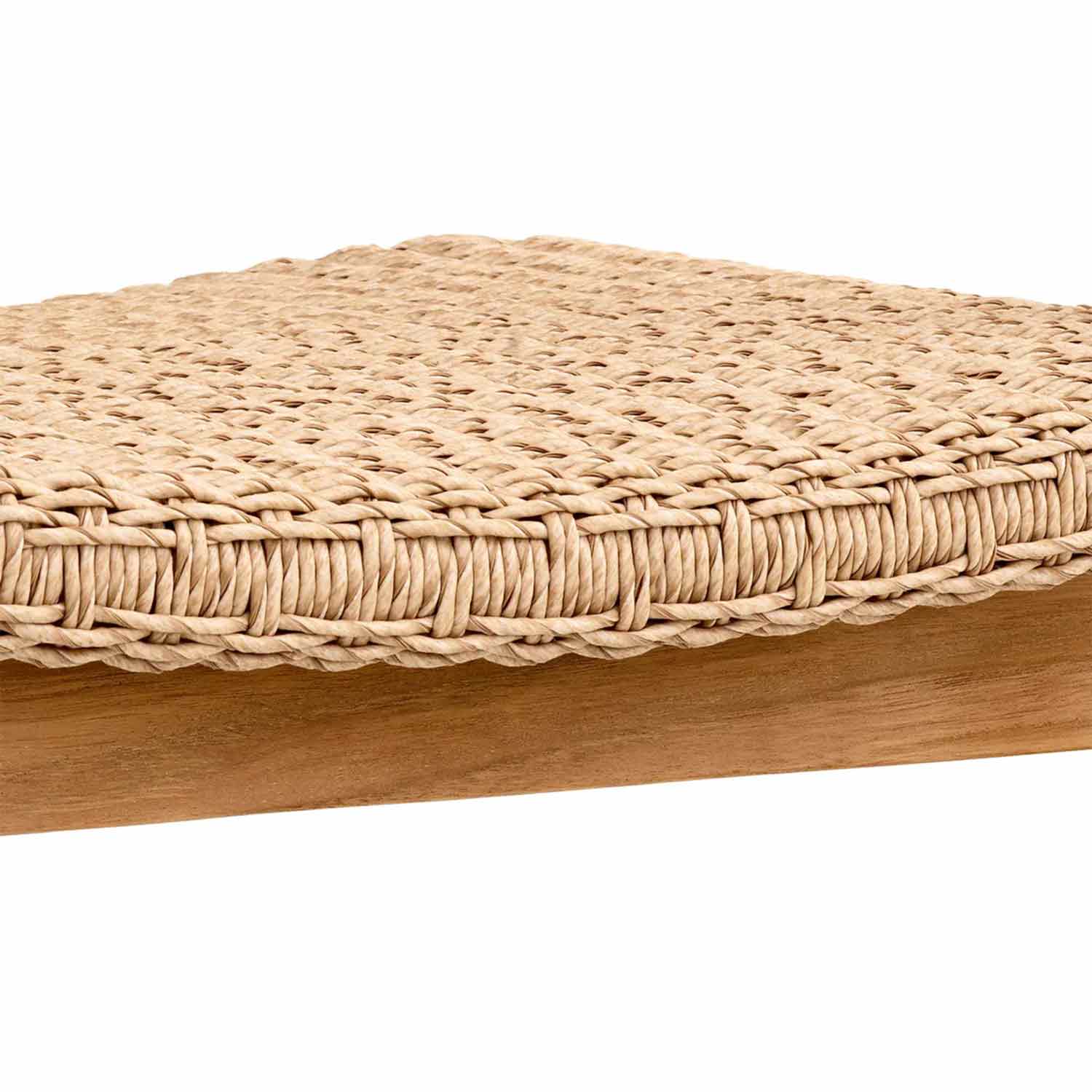 Close-up of a natural teak dining chair showing a tightly woven beige synthetic-fiber seat with braided edging above a smooth teak wood frame.