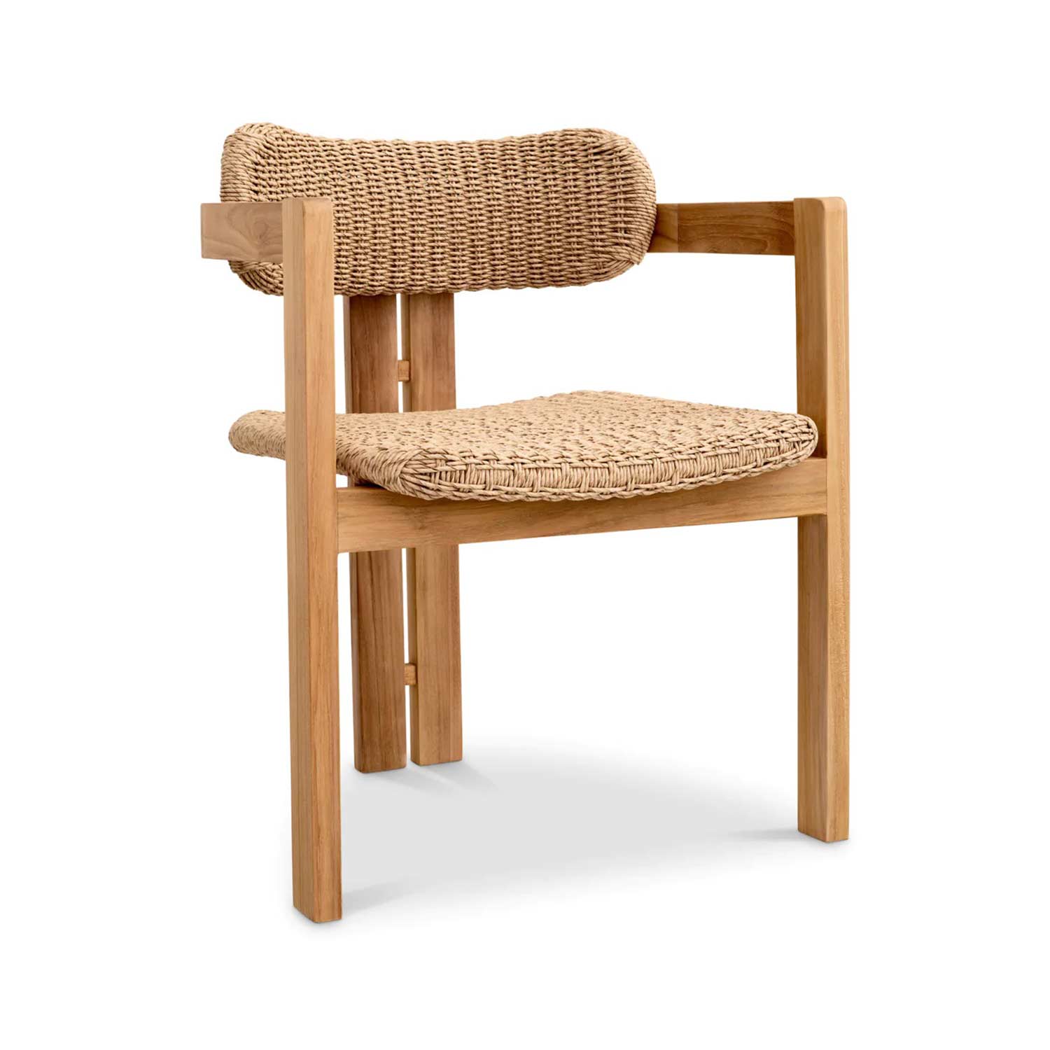 Natural teak outdoor dining chair with a squared wood frame, beige woven synthetic-fiber seat and rounded woven backrest with arm supports in a coastal modern style.