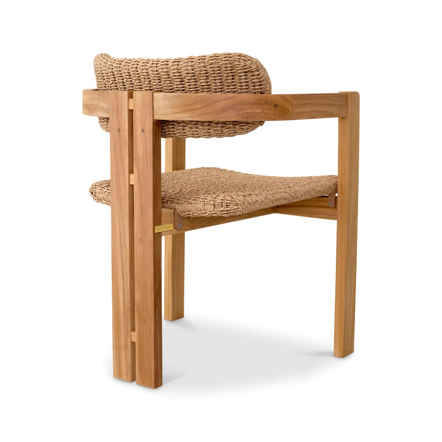 Side view of a teak outdoor dining chair with a natural wood frame and woven natural-fiber seat and curved woven backrest, featuring square legs and minimalist coastal-modern styling.