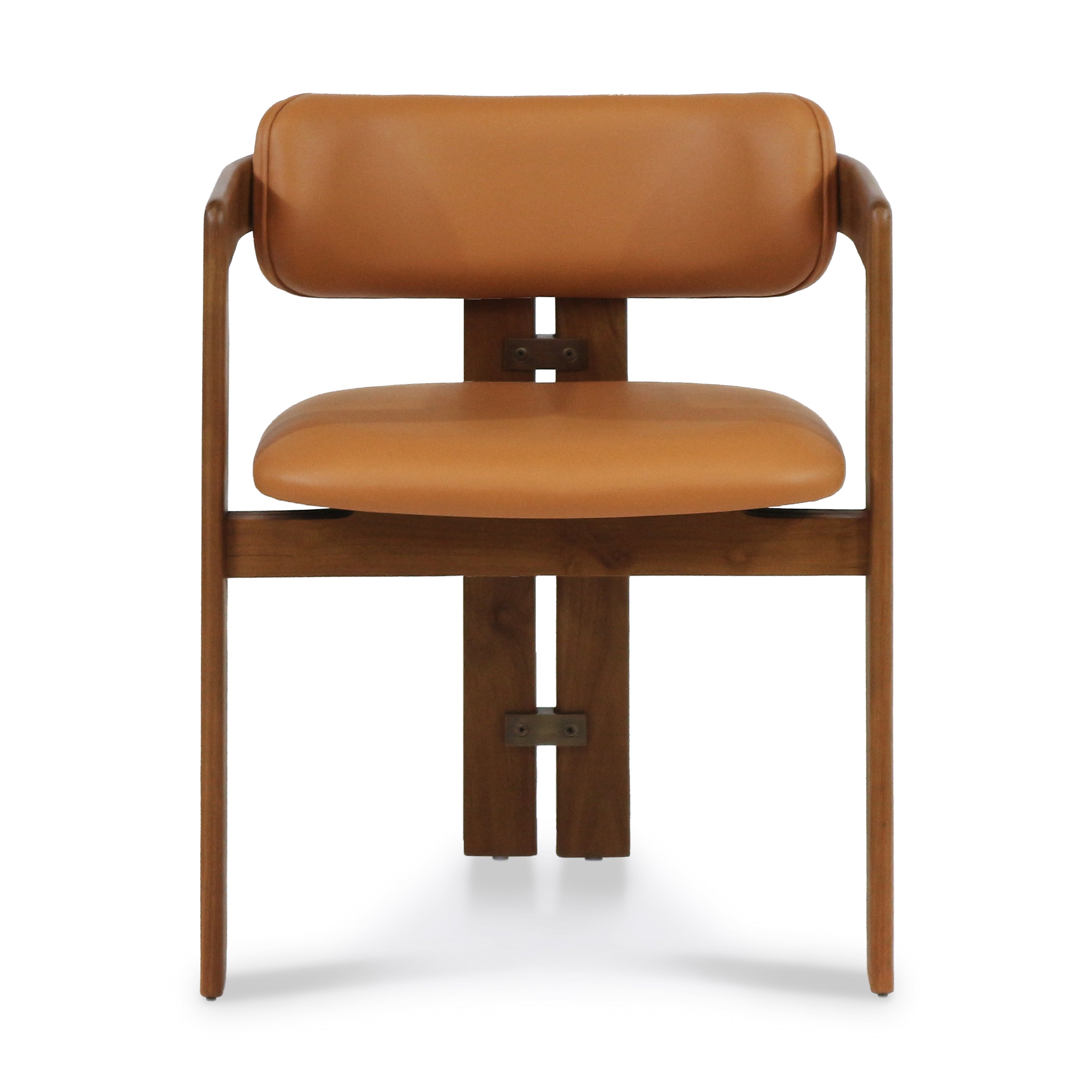 Front view of a mid-century modern dining chair with tan nubuck leather seat and low back set on a warm walnut wood frame with slender curved arms and an exposed central metal bracket.