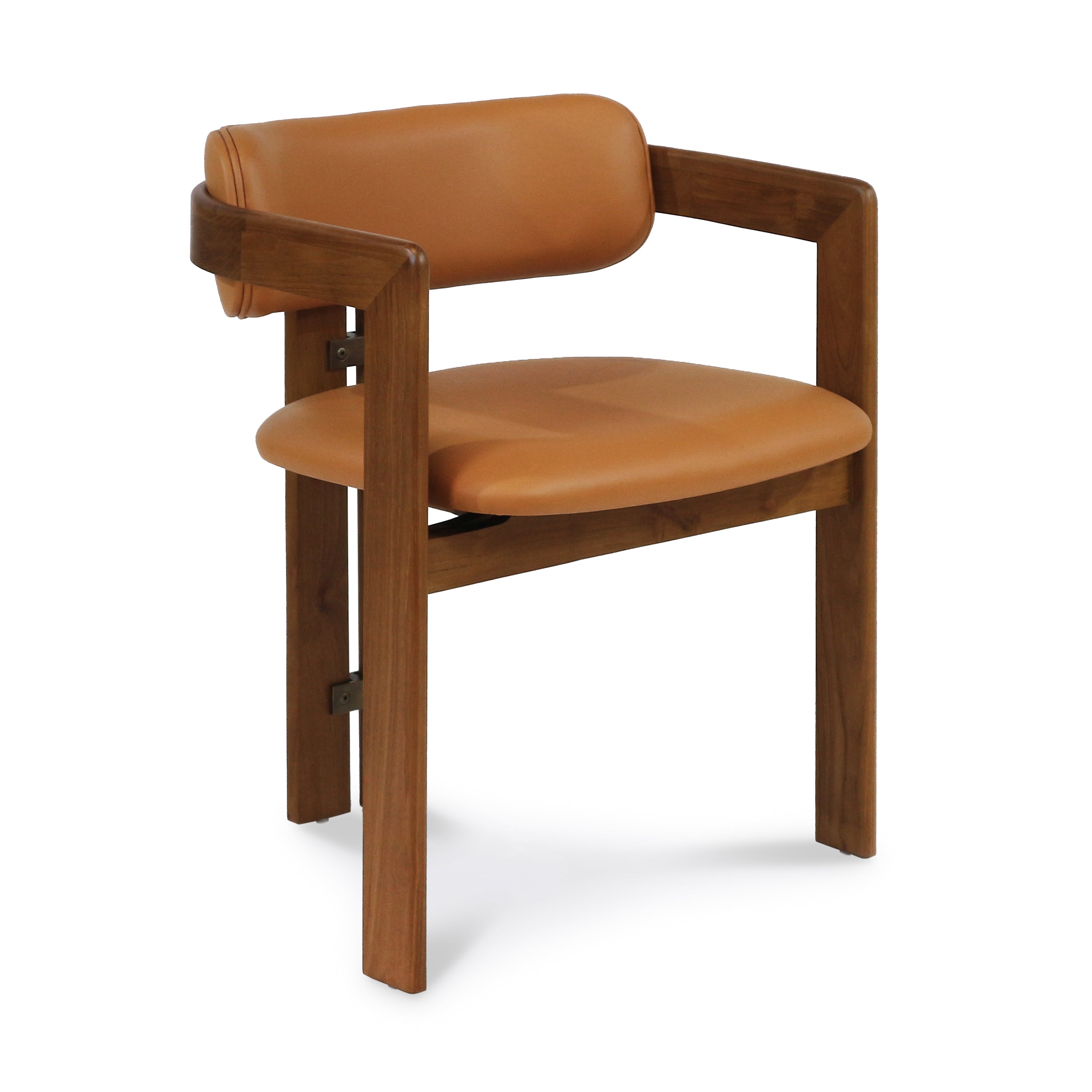 Mid-century modern walnut dining chair with tan nubuck leather seat and rounded low back, solid wood frame and open armrests.