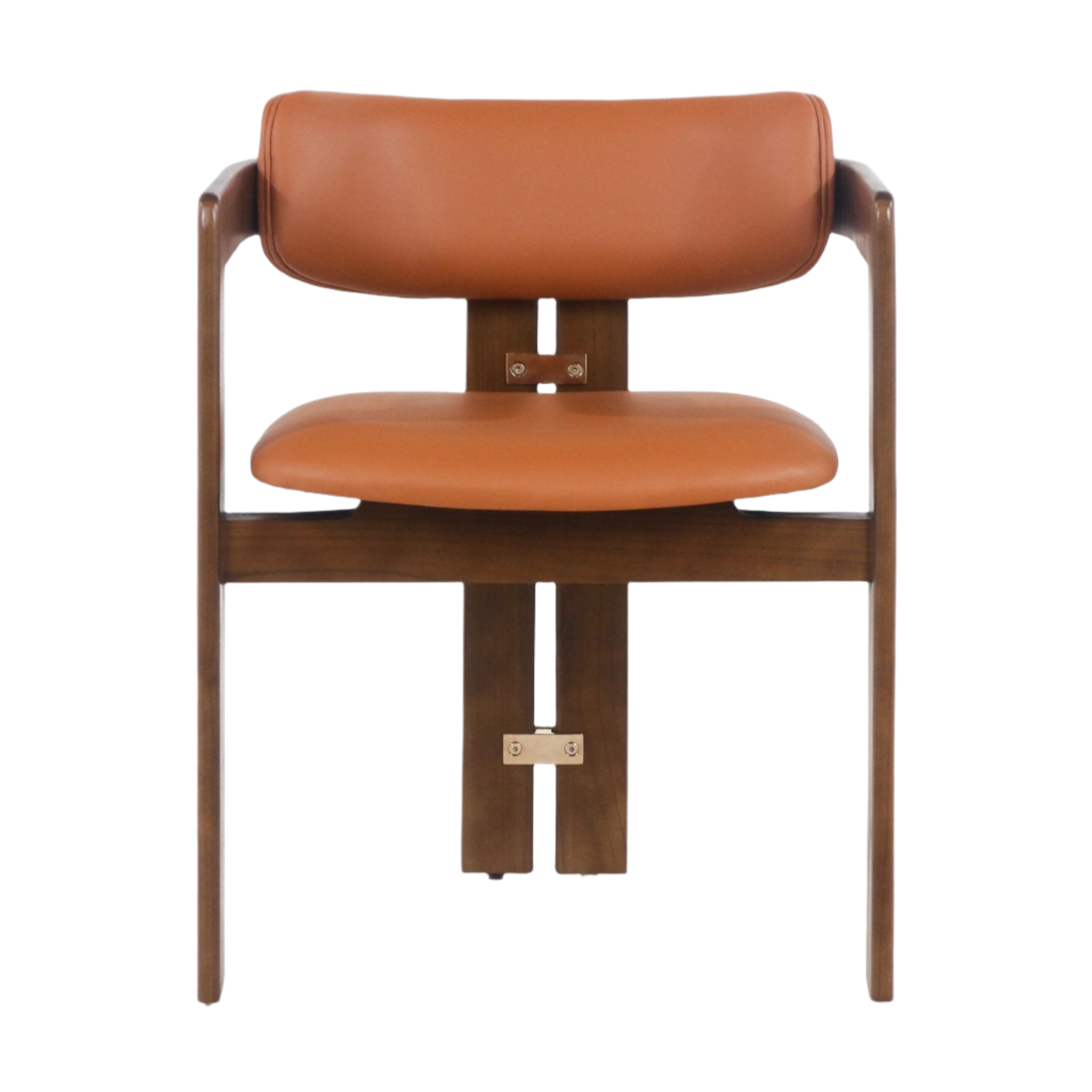 Front view of a mid-century modern dining chair with warm tan leather upholstered seat and curved back, slim walnut wood frame and arms, and a central metal bracket detail on the back support.