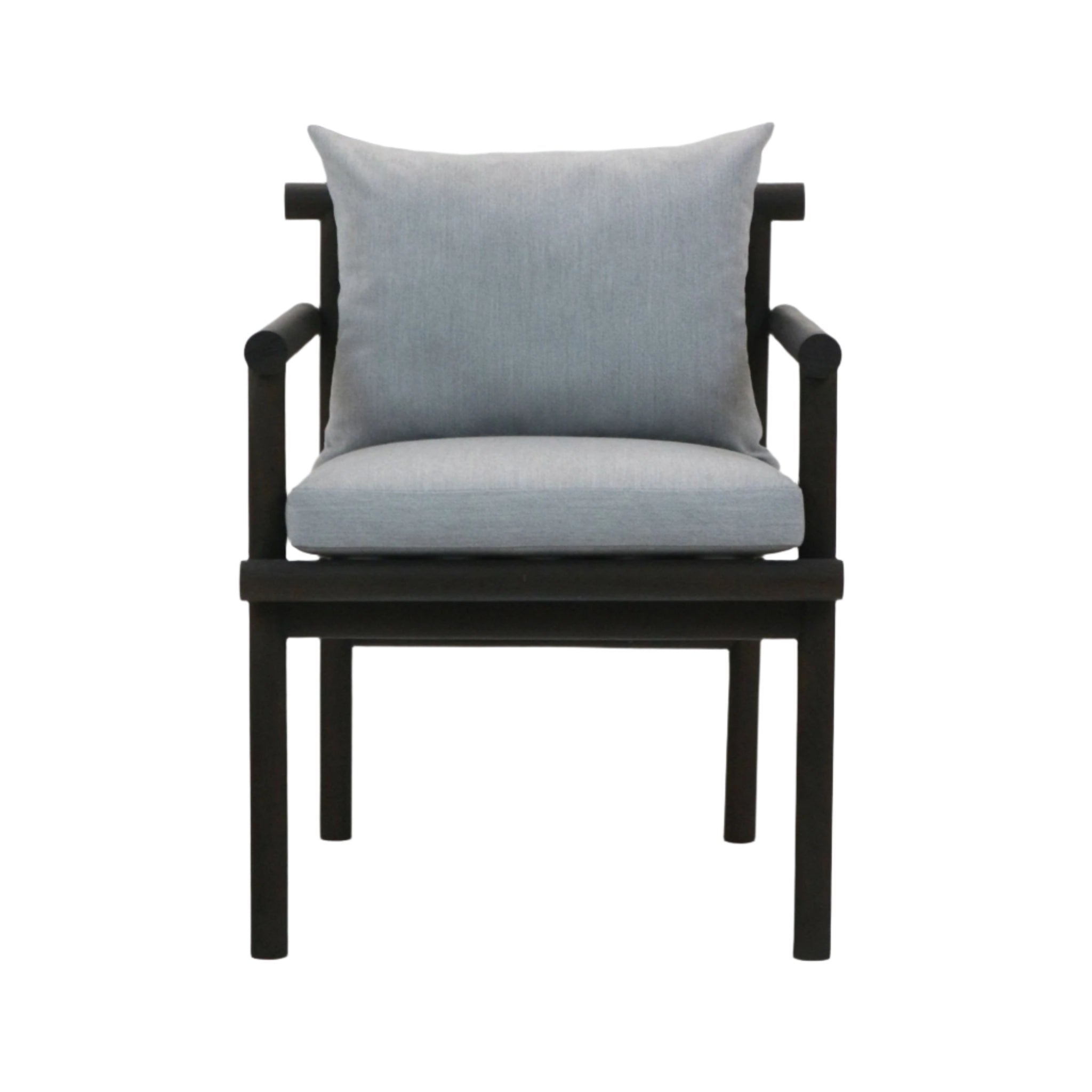 Front view of a patio armchair with a black teak wood frame and light gray Sunbrella fabric seat and back cushions, straight arms and square legs.