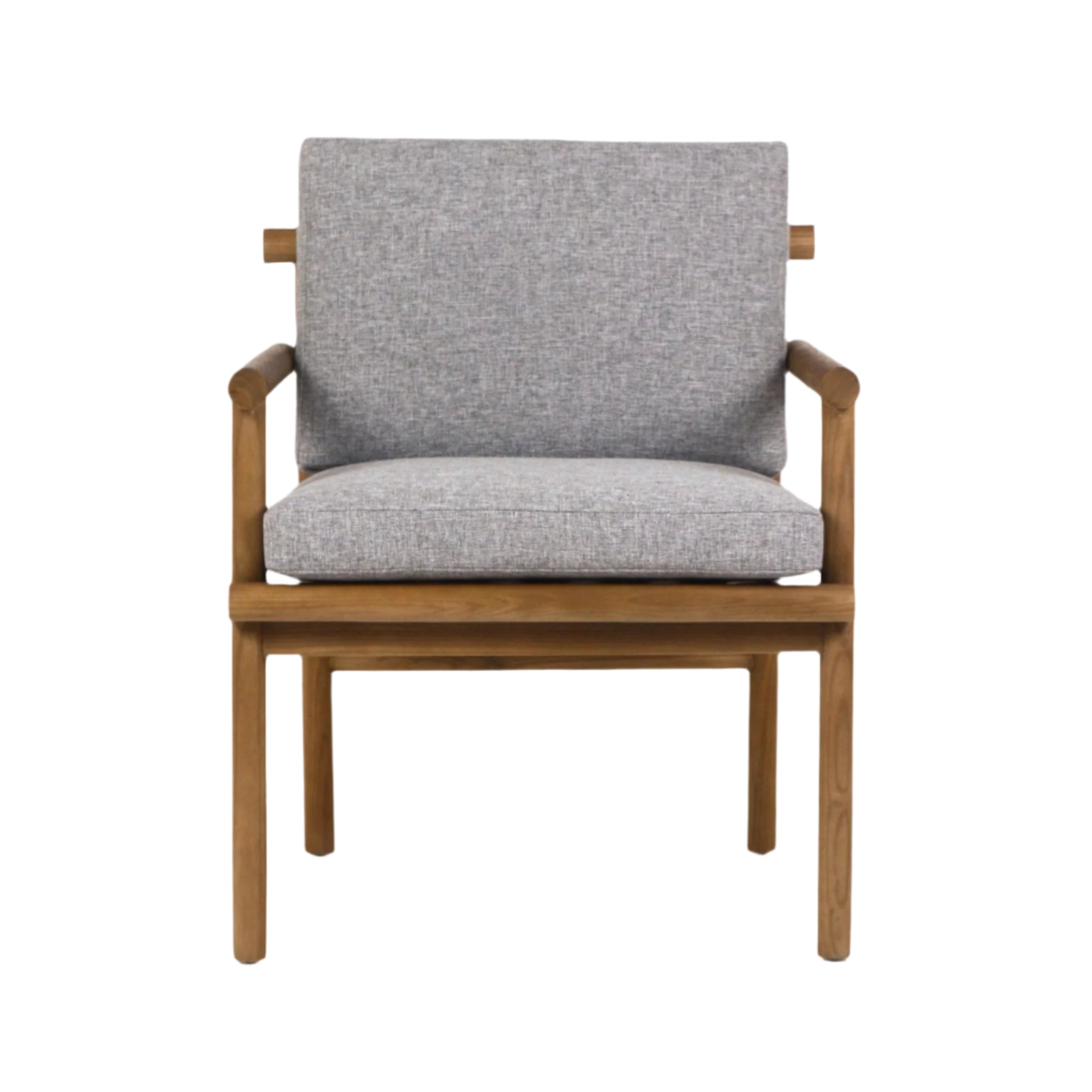 Front view of a patio armchair with a natural teak wood frame and light gray Sunbrella-upholstered seat and back cushion, featuring slim arms and tapered legs in a coastal modern style.