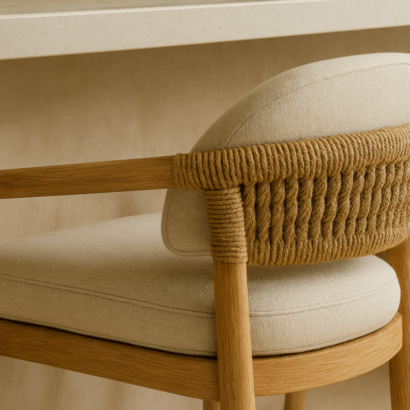 Close-up of a teak-framed bar stool with natural woven rope back and beige upholstered seat and curved arms, highlighting textured rope wrapping and light wood grain in a coastal Scandinavian style.