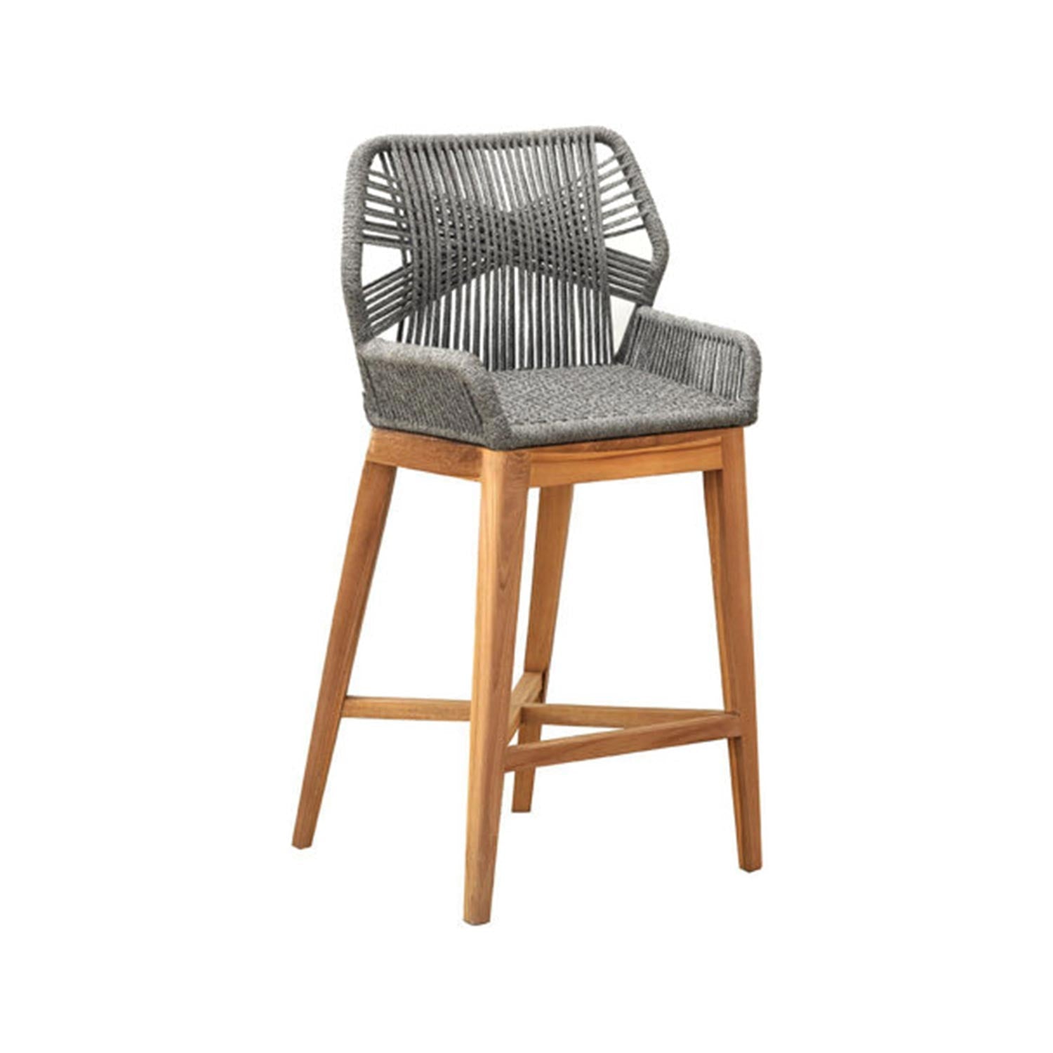 Natural teak outdoor bar stool with a solid wood frame and tapered legs, topped by a grey woven rope seat and geometric open back with low arms, suited for coastal or contemporary kitchen islands and patios.