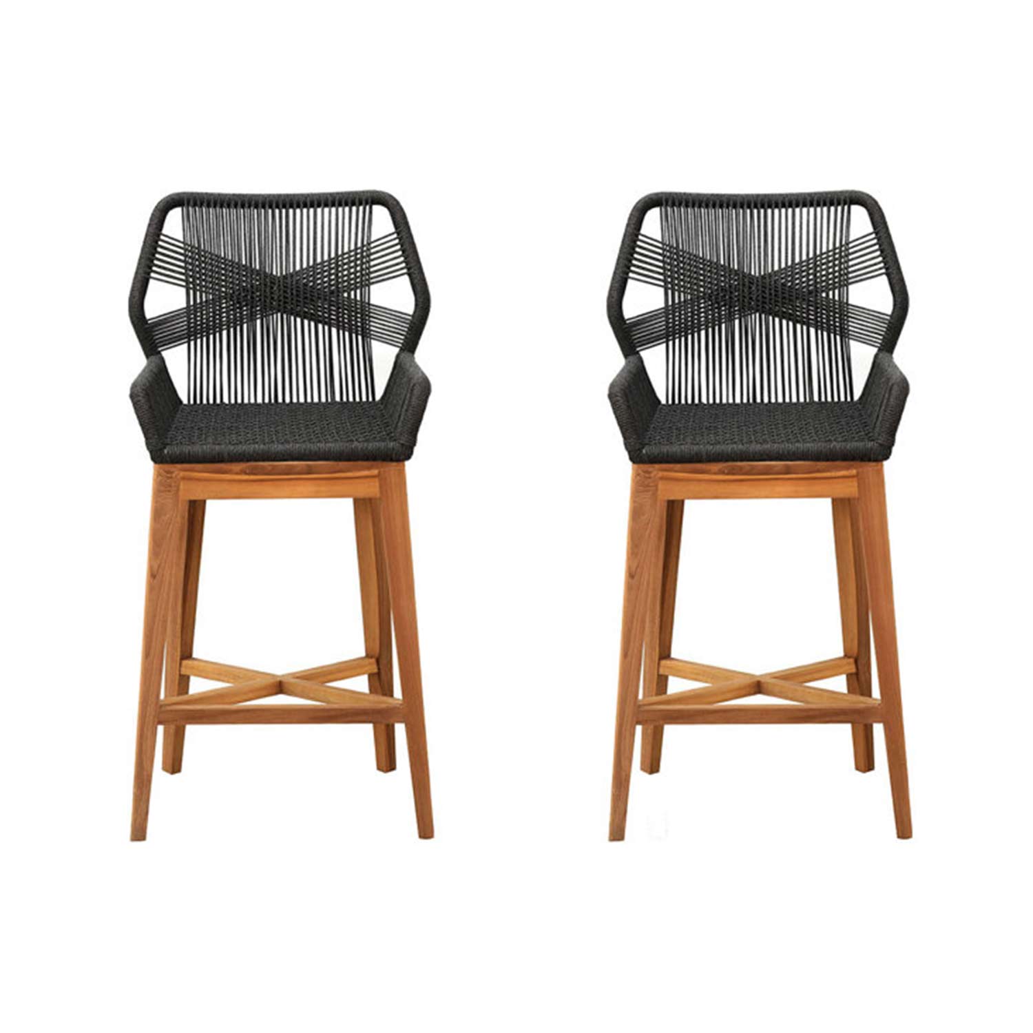 Two teak outdoor bar stools with natural wood frames and black woven rope seats and backs, featuring angular legs, footrests and a crisscross rope-back pattern, shown side-by-side on a white background.