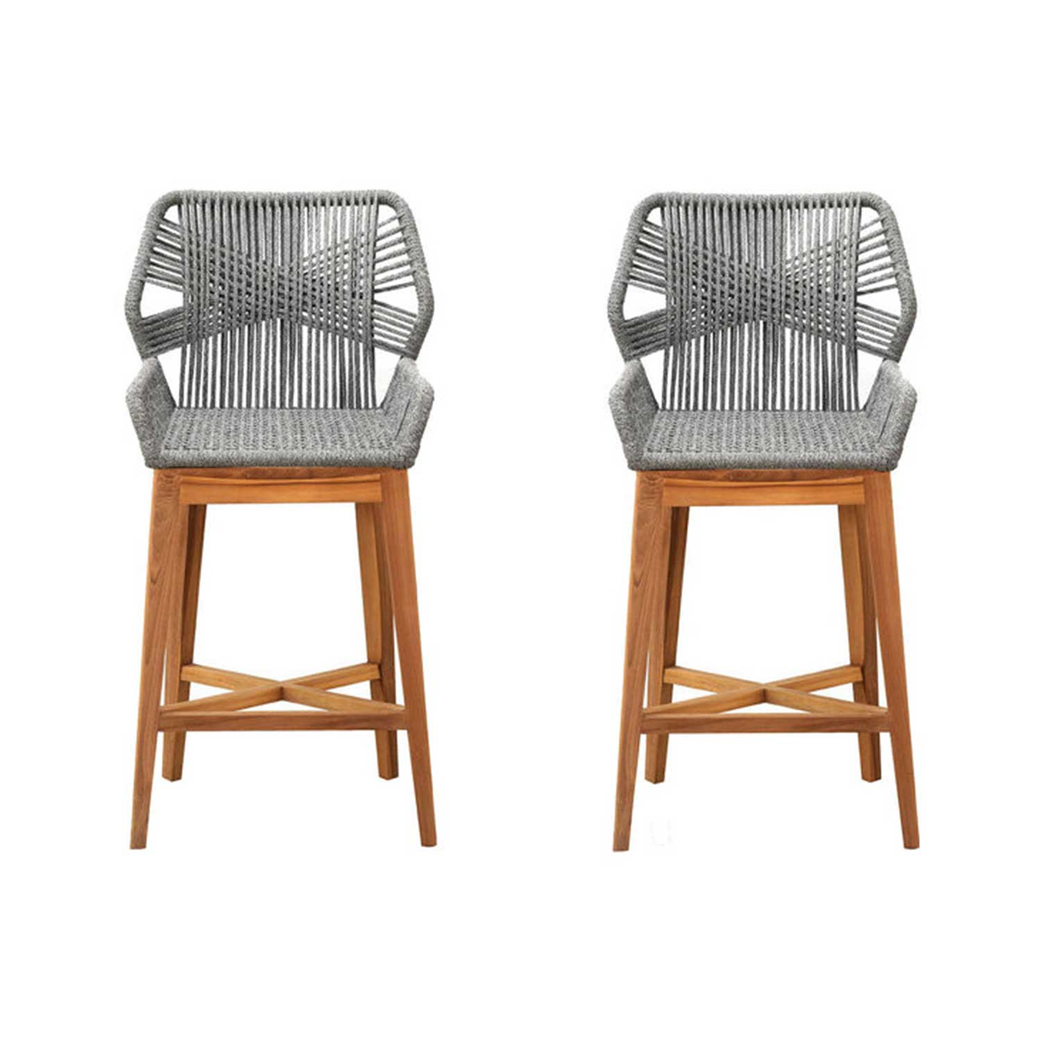 Two outdoor counter-height bar stools with natural teak wood frames and cross-brace footrests, featuring grey woven rope seats and sculpted rope backs with integrated arm supports in a coastal-contemporary style.