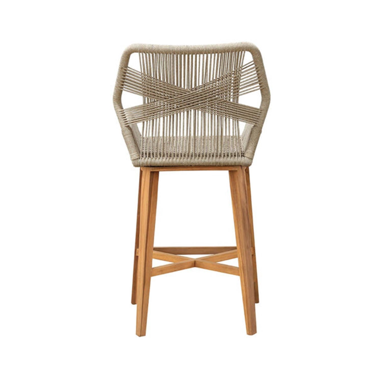 Front-facing natural teak bar stool with beige woven rope back and seat, angled solid wood legs and crossed stretcher for foot support; coastal contemporary outdoor design.