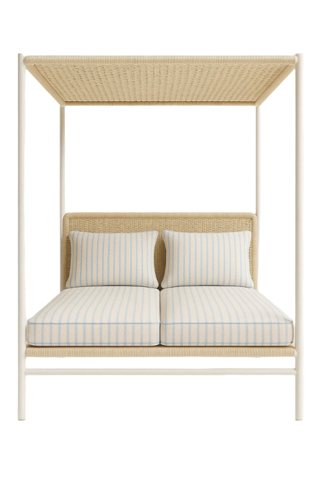 Front view of a modern outdoor daybed with an aluminum four-post frame in a natural off-white finish, woven beige canopy and headboard, and two fabric seat cushions and back pillows in light blue-and-white vertical stripes.