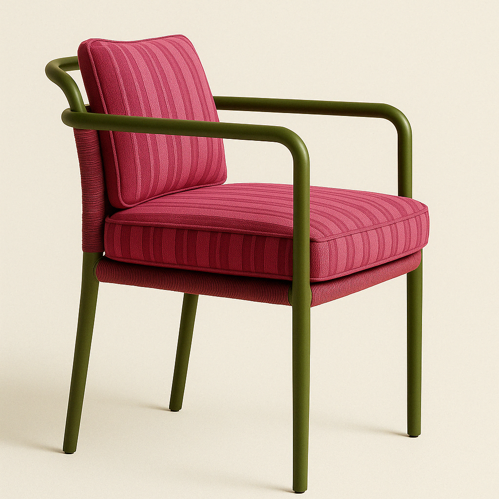 Red-striped fabric dining chair with olive-green tubular metal frame and curved armrests, featuring a cushioned seat and back in a contemporary coastal style.