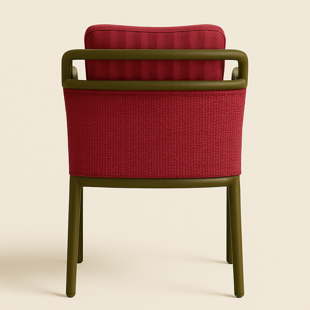 Rear view of a coastal-style dining chair featuring a red woven fabric back and cushion wrapped by an olive-green metal frame and matching legs.