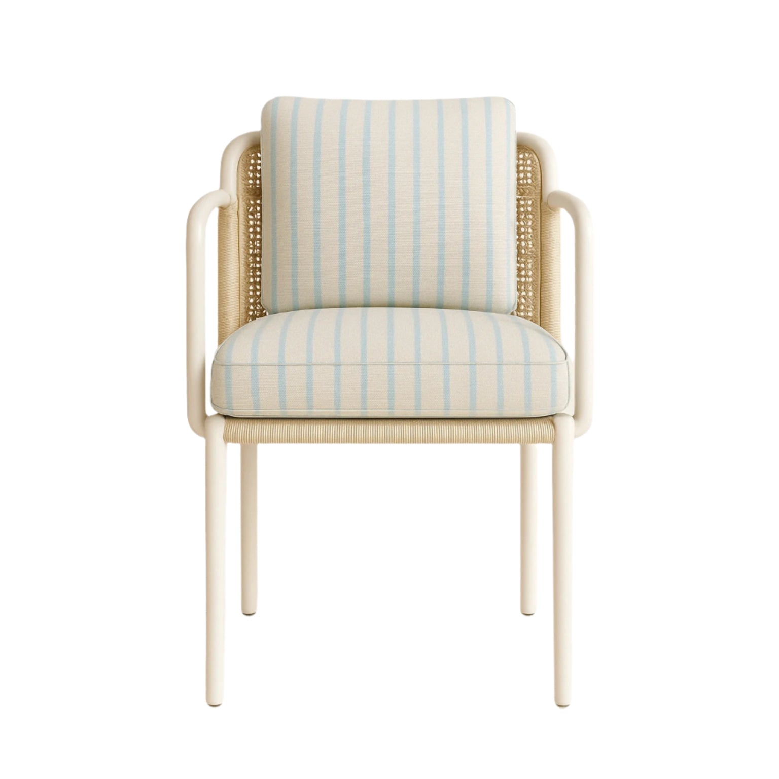 Coastal-style patio dining chair with a white aluminum frame, woven cane back and cream fabric upholstery with pale blue vertical stripes, padded seat and back cushions and rounded armrests.