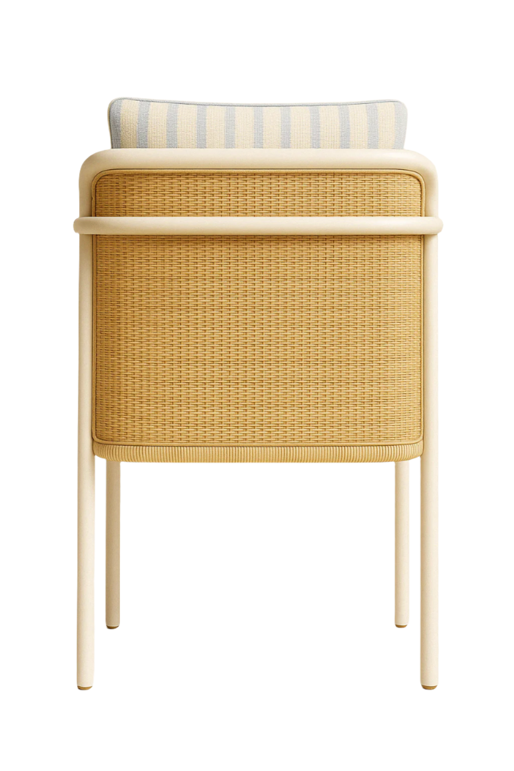Rear view of a coastal patio dining chair with a natural tan woven synthetic back set inside a cream aluminum tubular frame and slim white legs, topped by a white-and-pale-blue striped fabric back cushion.