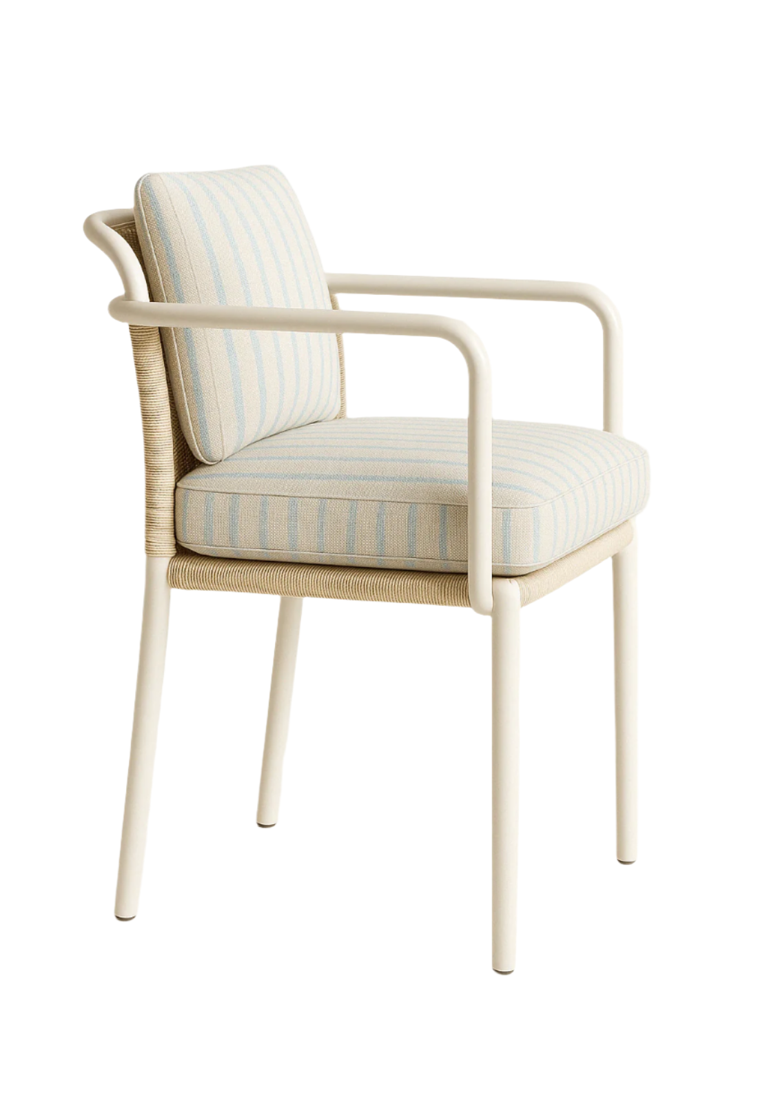 Outdoor dining armchair with a white powder-coated aluminum frame, woven synthetic rope back and a striped pale blue-and-white upholstered seat cushion.