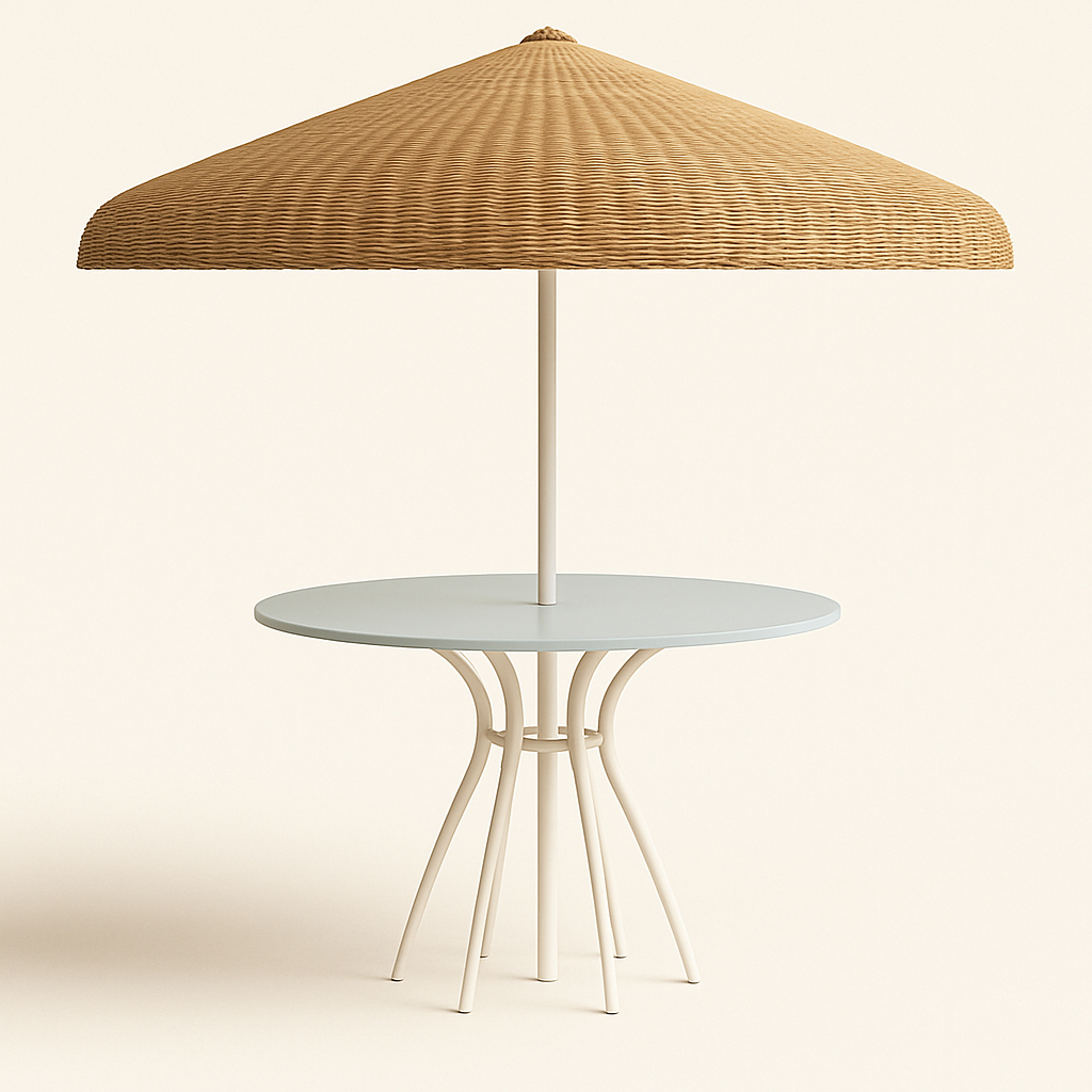 Modern outdoor round aluminum table with a pale blue top and cream-colored curved legs, fitted with a central pole and topped by a rust-hued wicker umbrella with a wide conical canopy.