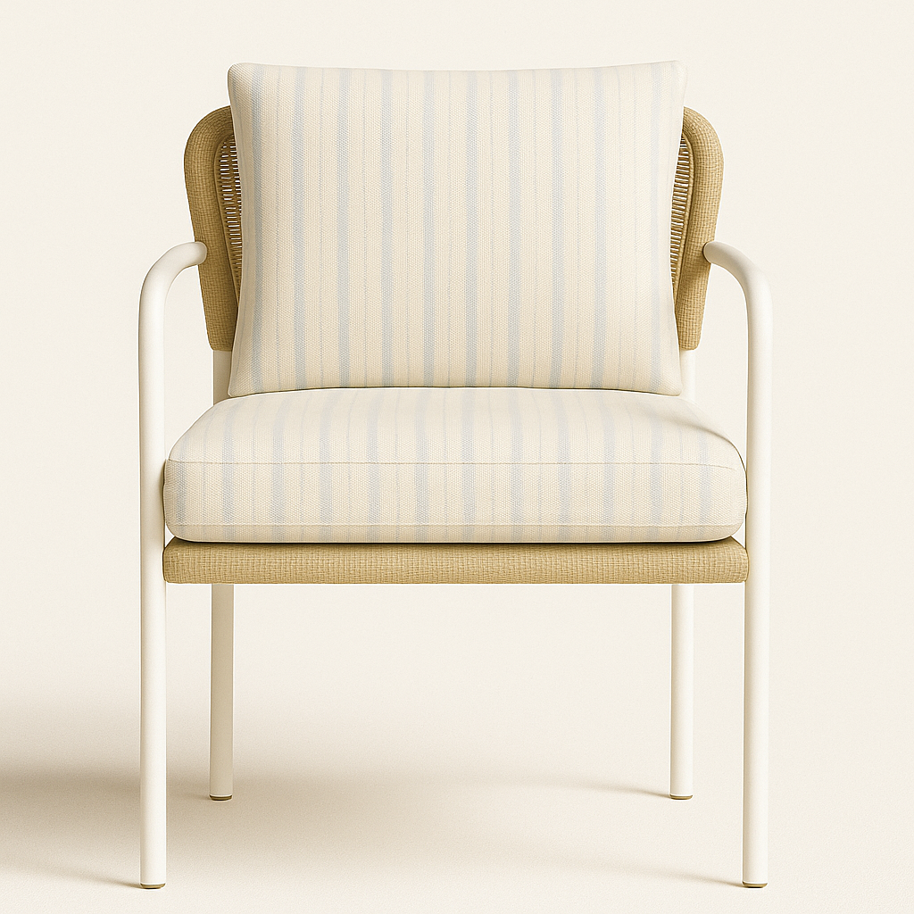 Front-facing modern outdoor armchair with a white aluminum frame, woven natural wicker backrest and beige-striped seat cushion and back pillow, featuring slim curved armrests.