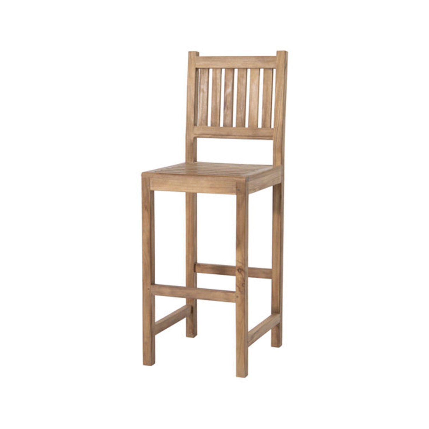 Natural teak outdoor counter-height stool with slatted seat and vertical slatted back, armless solid-wood frame, integrated footrest and a coastal-inspired warm natural finish.