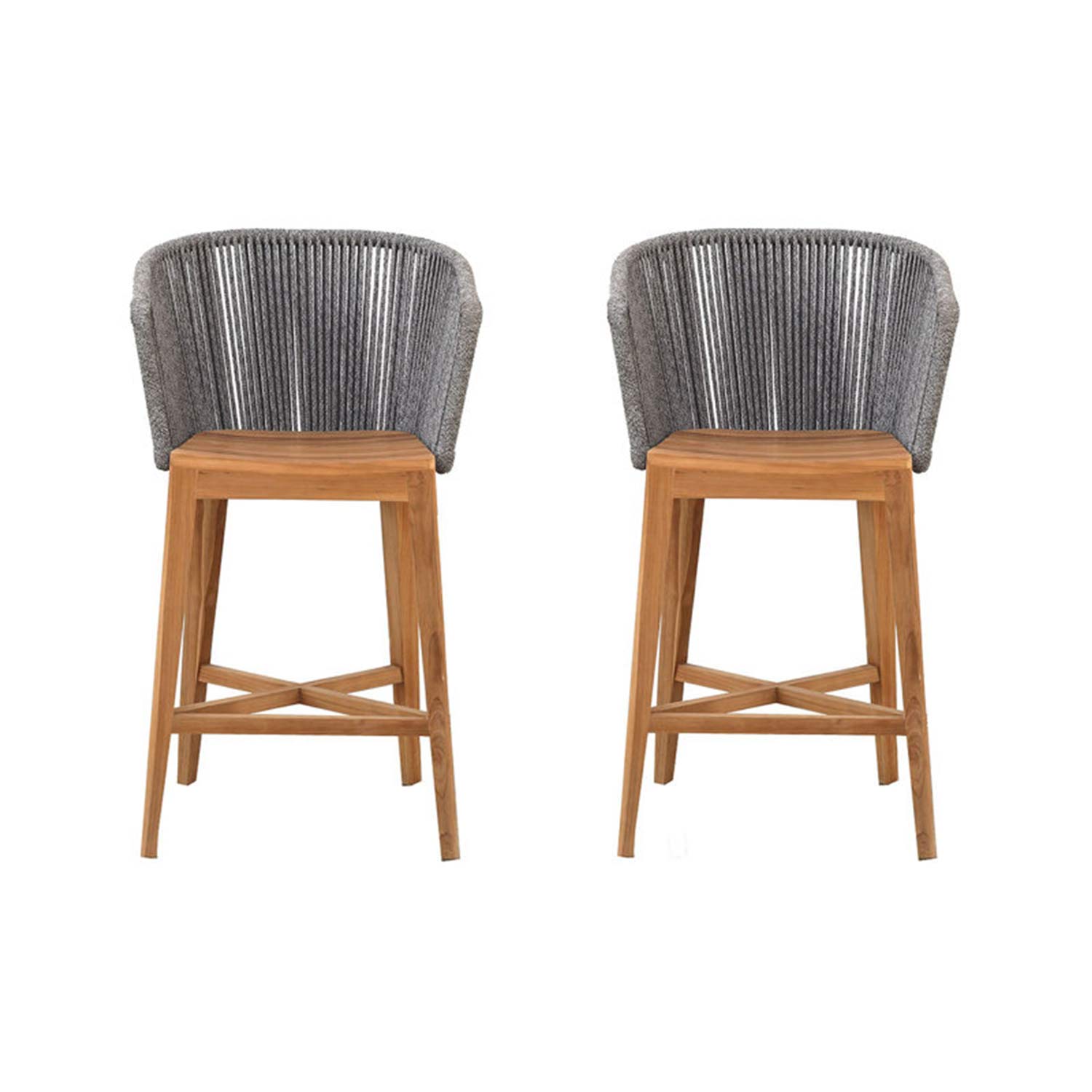 Two natural teak outdoor bar stools with curved grey woven rope backs, flat teak seats and tapered legs connected by an X-shaped footrest, shown as a pair for coastal contemporary kitchen or patio seating.