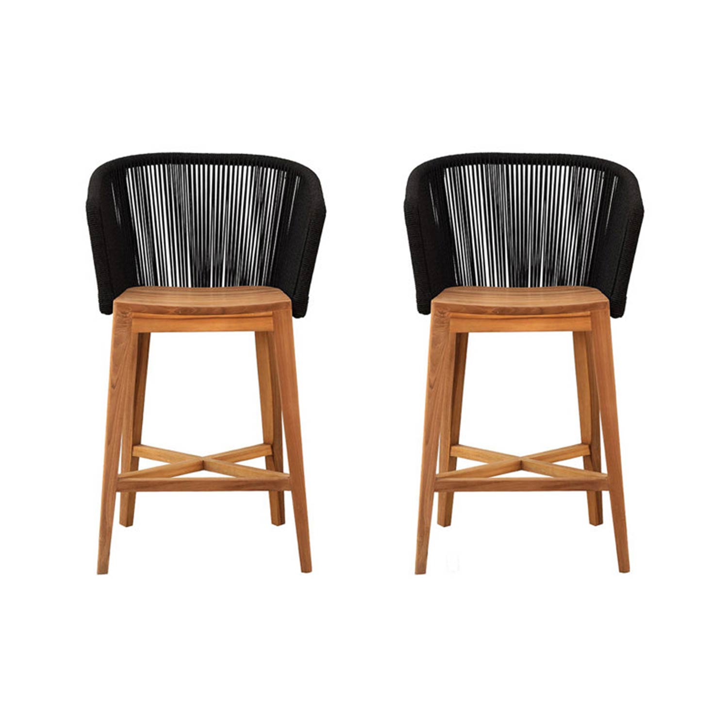 Pair of natural teak outdoor bar stools with curved black rope-wrapped backs, solid teak seats, tapered legs and crossed stretcher footrest, shown front view on a white background.