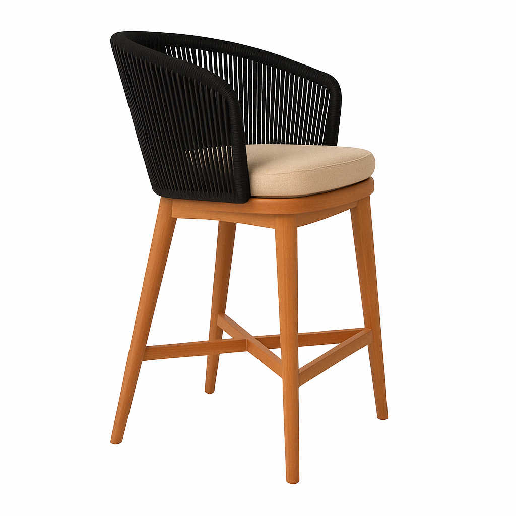 Teak outdoor bar stool with natural wood frame, black rope-wrapped curved back and beige fabric seat cushion, counter-height with wooden footrest, photographed on a white background.