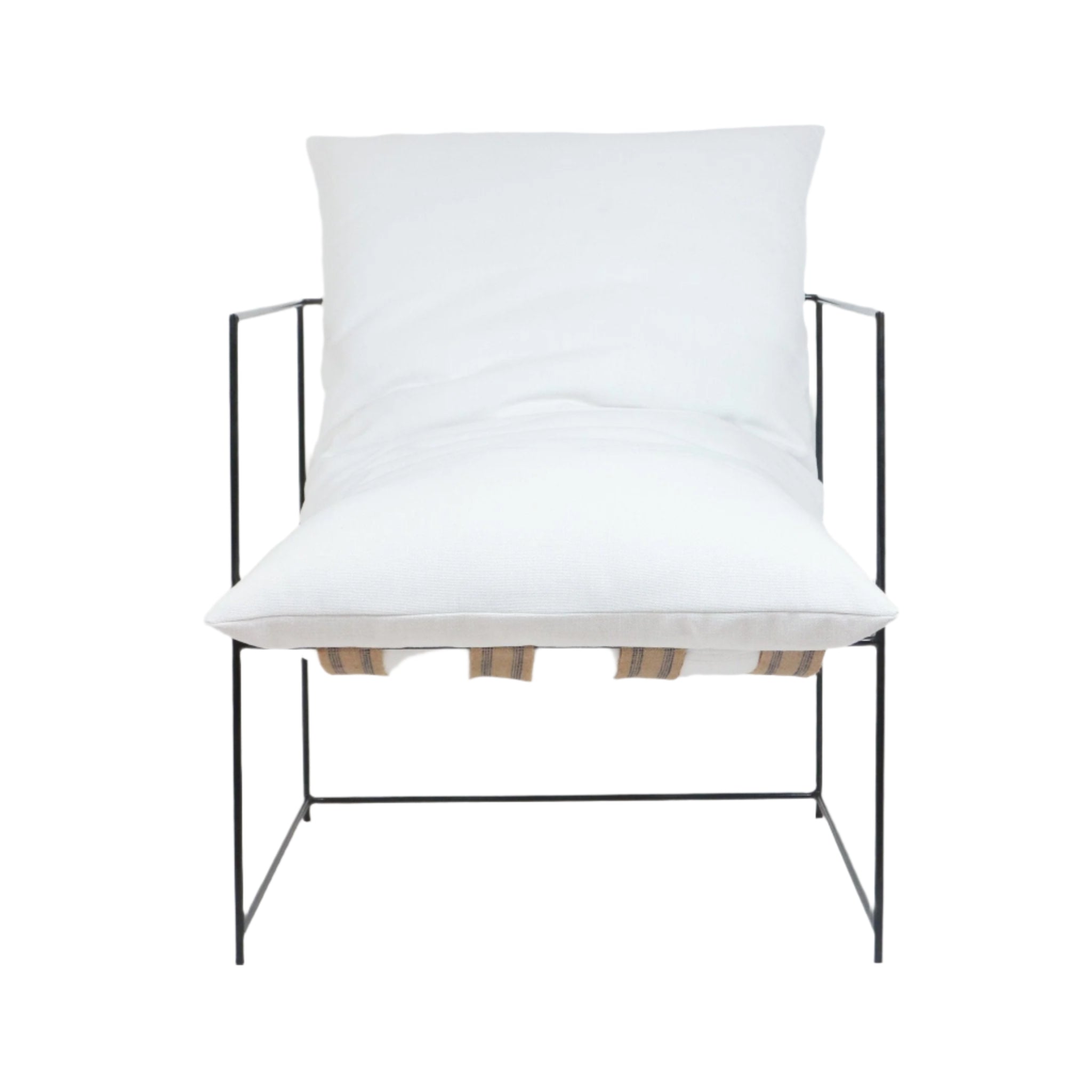 Front view of a modern armchair with plush white linen seat and back cushions, exposed natural webbing straps beneath the seat, and a slim black metal frame in a minimalist style.