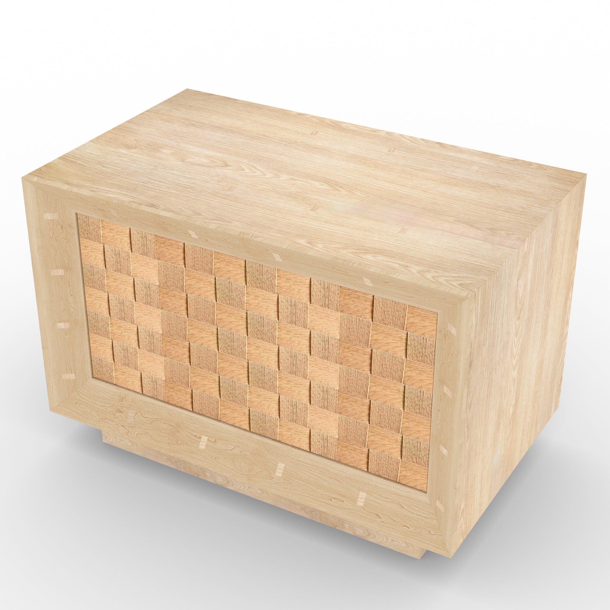 Light natural wood nightstand with a framed face and textured checkerboard drawer front, low recessed base and clean rectangular top in a minimalist modern beige finish.