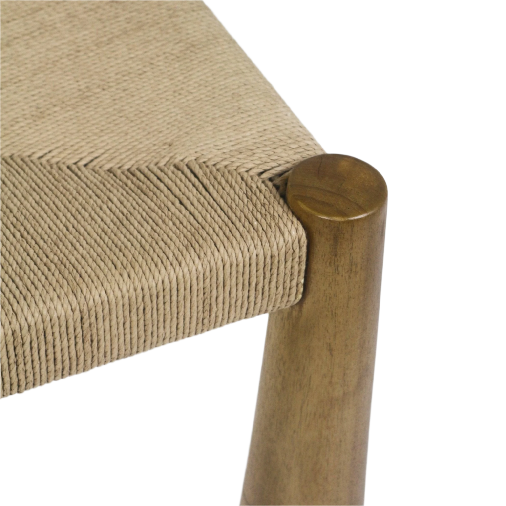 Close-up of a natural seagrass-woven dining chair seat corner showing the tight rope weave and a rounded teak leg with warm natural finish.