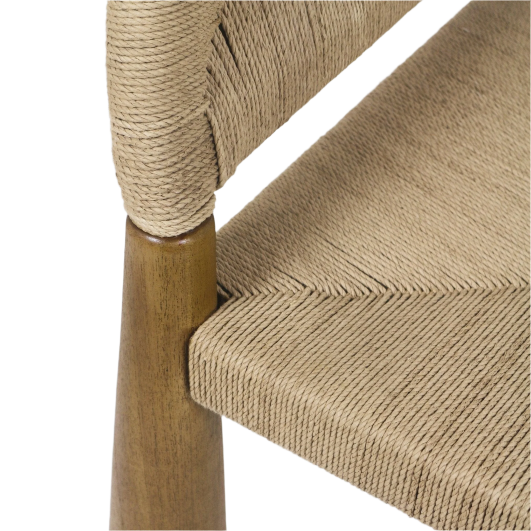 Close-up of a natural seagrass woven dining chair seat and wrapped backrest showing braided rope texture and a tapered teak wood leg in a natural teak finish.