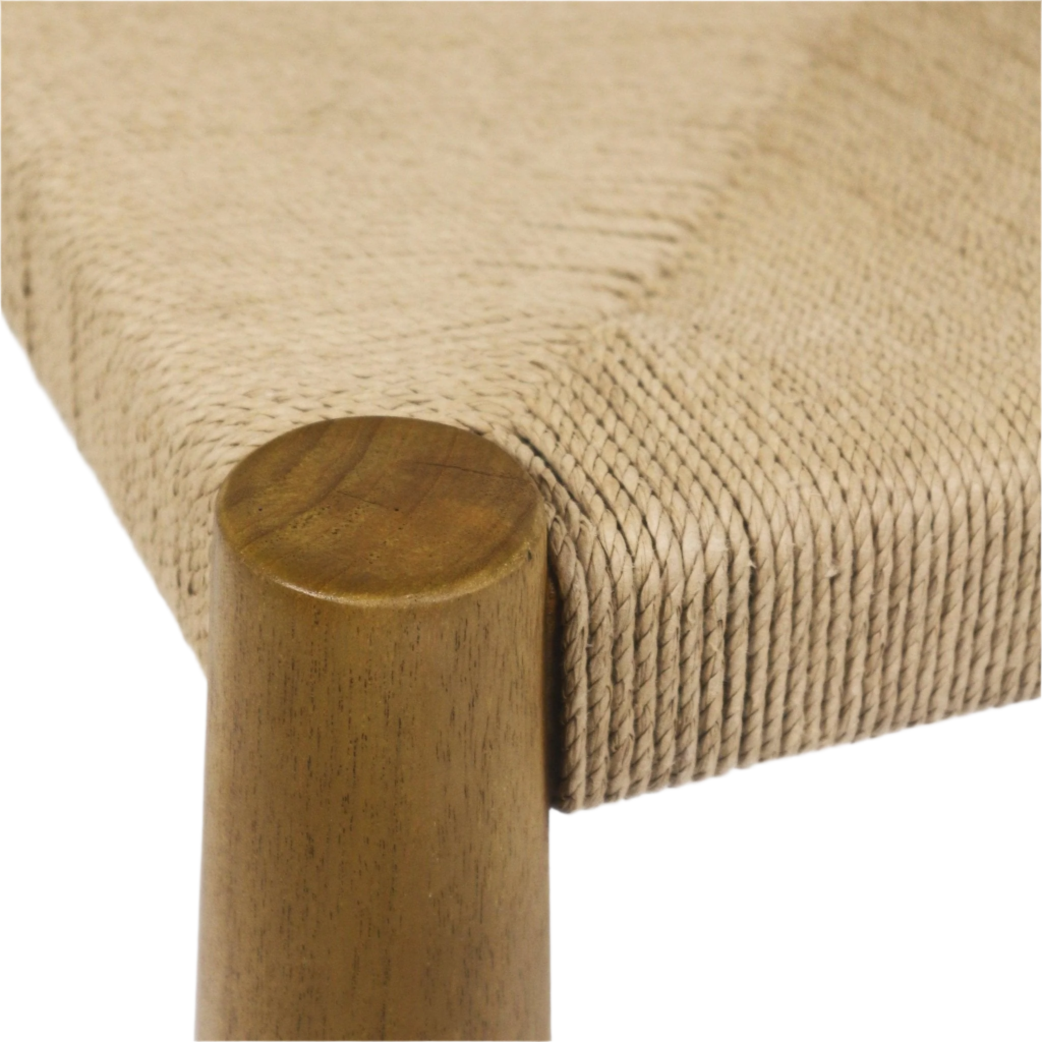 Close-up of a natural seagrass woven dining seat corner wrapped over a rounded teak leg, highlighting the tight braided rope texture and warm natural wood grain.