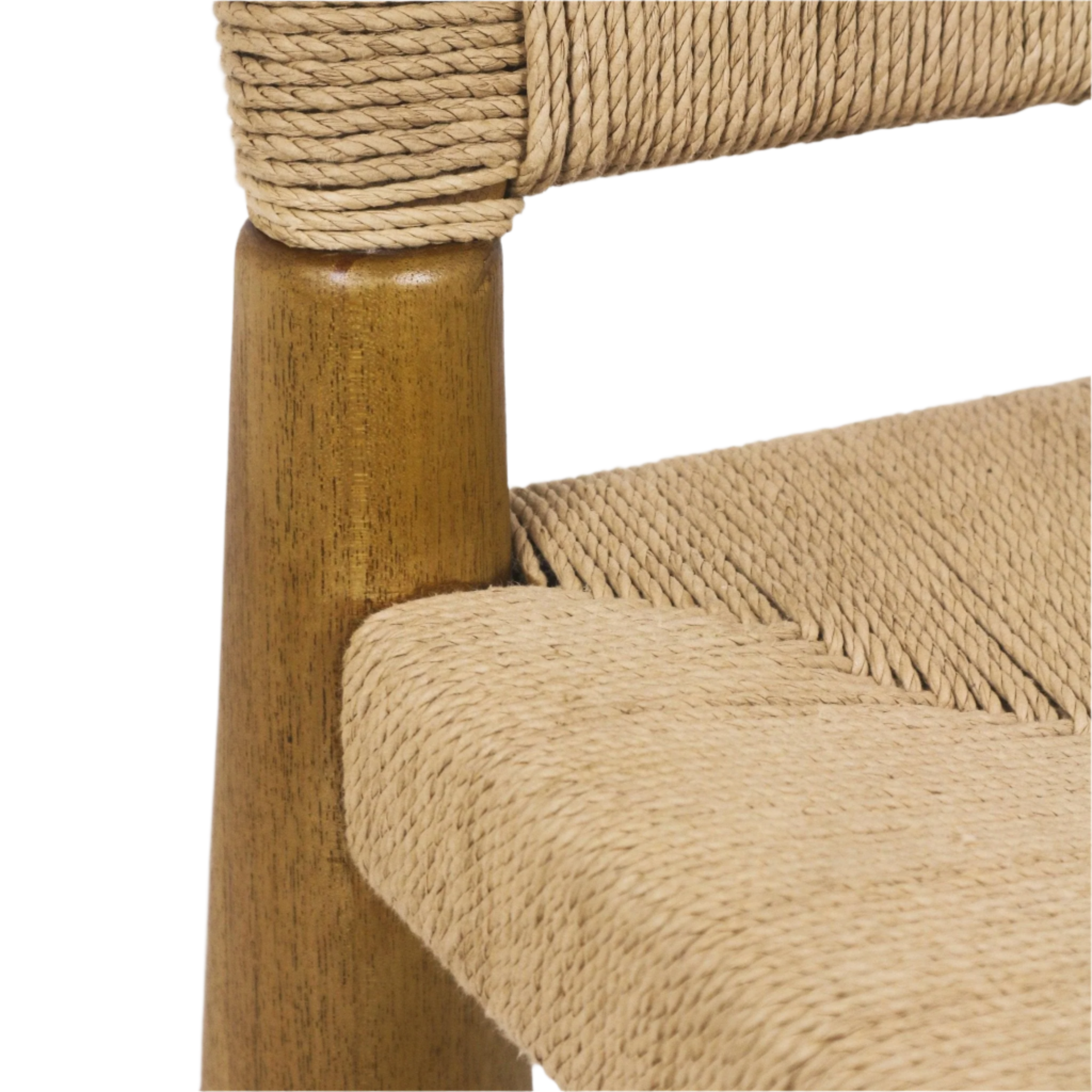 Close-up of a natural teak chair leg with a tightly woven seagrass seat and hand-wrapped rope detail on the backrest in a light natural beige finish.