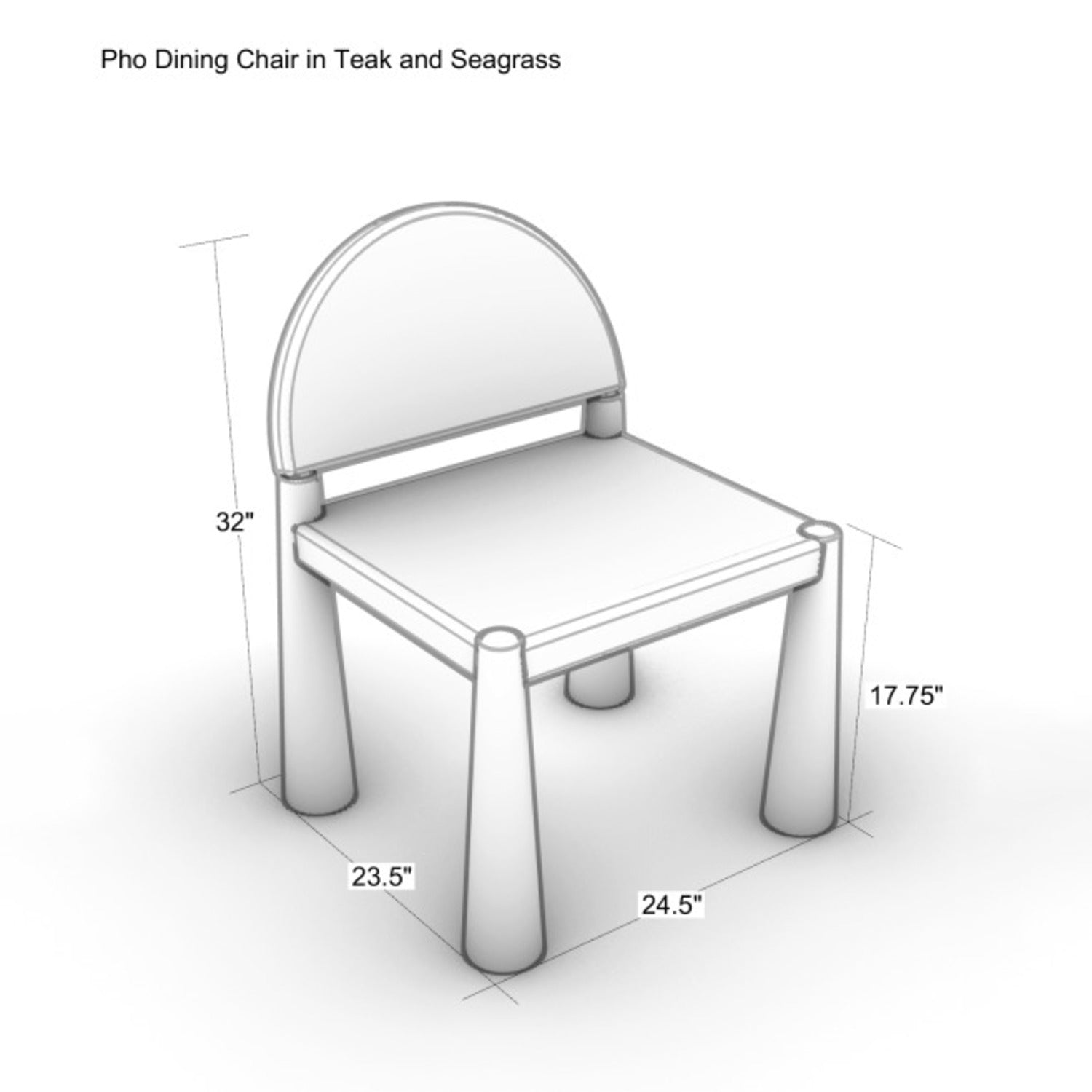 Isometric line drawing of the Pho dining chair in teak and seagrass showing a rounded back, flat seat and tapered cylindrical legs, annotated with dimensions: 32" overall height, 17.75" seat height, 23.5" depth, 24.5" width.