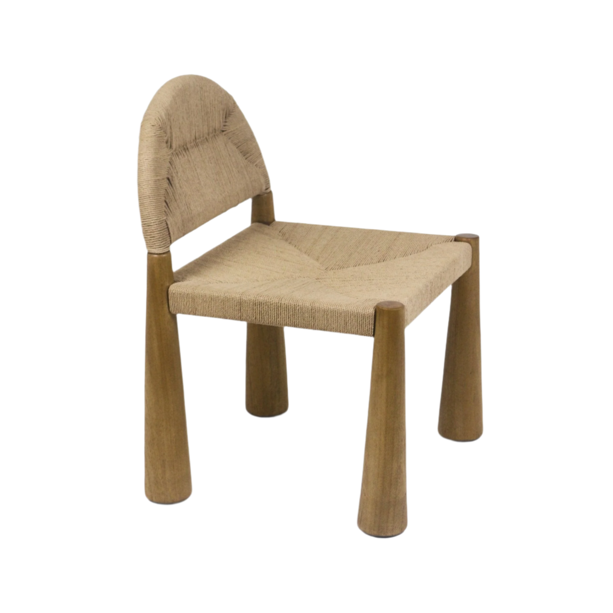 Armless dining chair with tapered teak legs and a woven natural seagrass seat and curved back, presented in a minimalist coastal style.