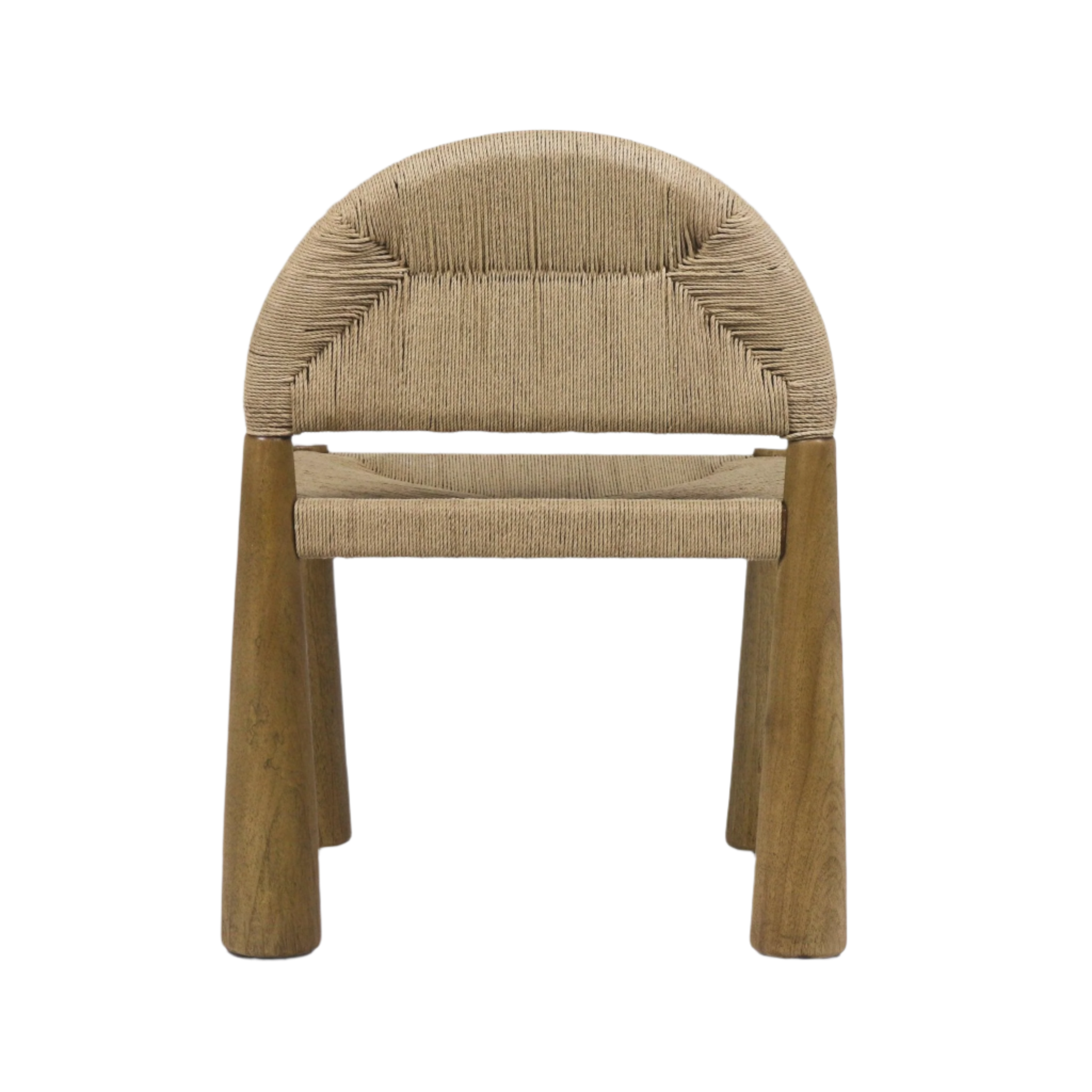 Front view of an armless dining chair with a rounded woven seagrass back and seat set on solid teak legs, natural teak finish and coastal minimalist styling.